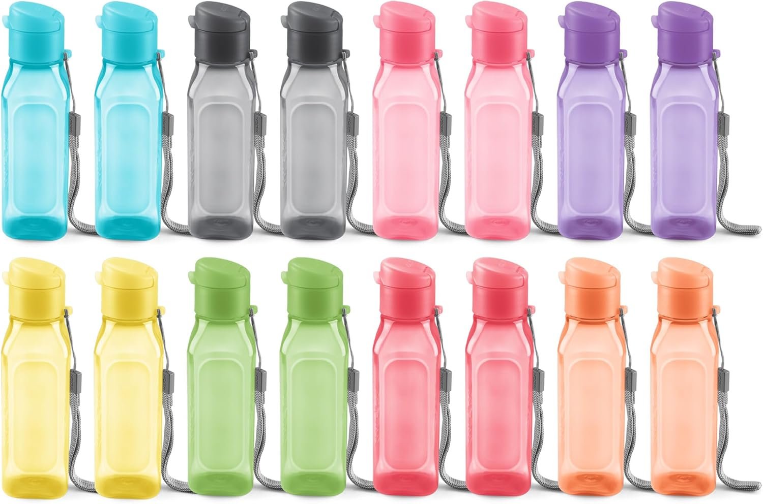 Bulk Set of 16 Multicolor 10oz Water Bottles for Kids and Adults – Leak Proof With Carry Strap – Square Reusable for Juice, Drinks – BPA-Free Dishwasher-Safe