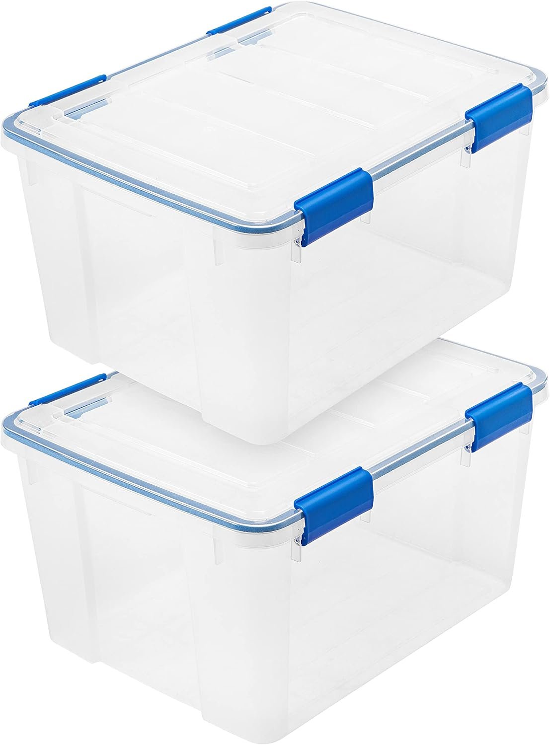IRIS USA WeatherPro 44 Qt Storage Bins with Lids, 2 Pack, BPA-Free Plastic Gasket Box with Tight Latch and Seal, Stackable Nestable Tote Tub – Clear/Blue