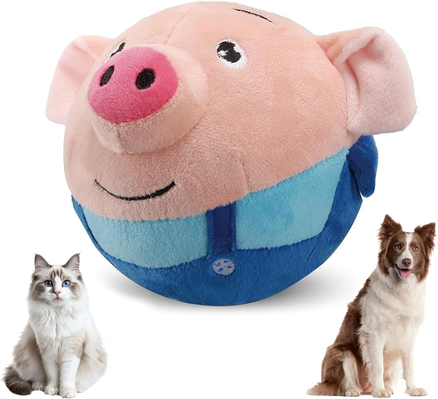 Active Moving Pet Plush Toy, 2025 New Squeaky Moving Dog Ball Toy Interactive Puppy Toys, Rechargeable Cartoon Plush Bounce Talking Toys to Keep Them Busy (Blue Pig)