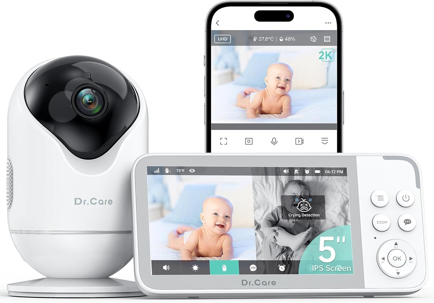 Dr.Care VistaView Smart WiFi Baby Monitor – 5” 1080P Split Screen & 2K Camera App Control, Cry & Motion Alerts, HD Night Vision, 5000mAh Battery, 2-Way Talk, Multi-User, Triple Security, 1279ft Range