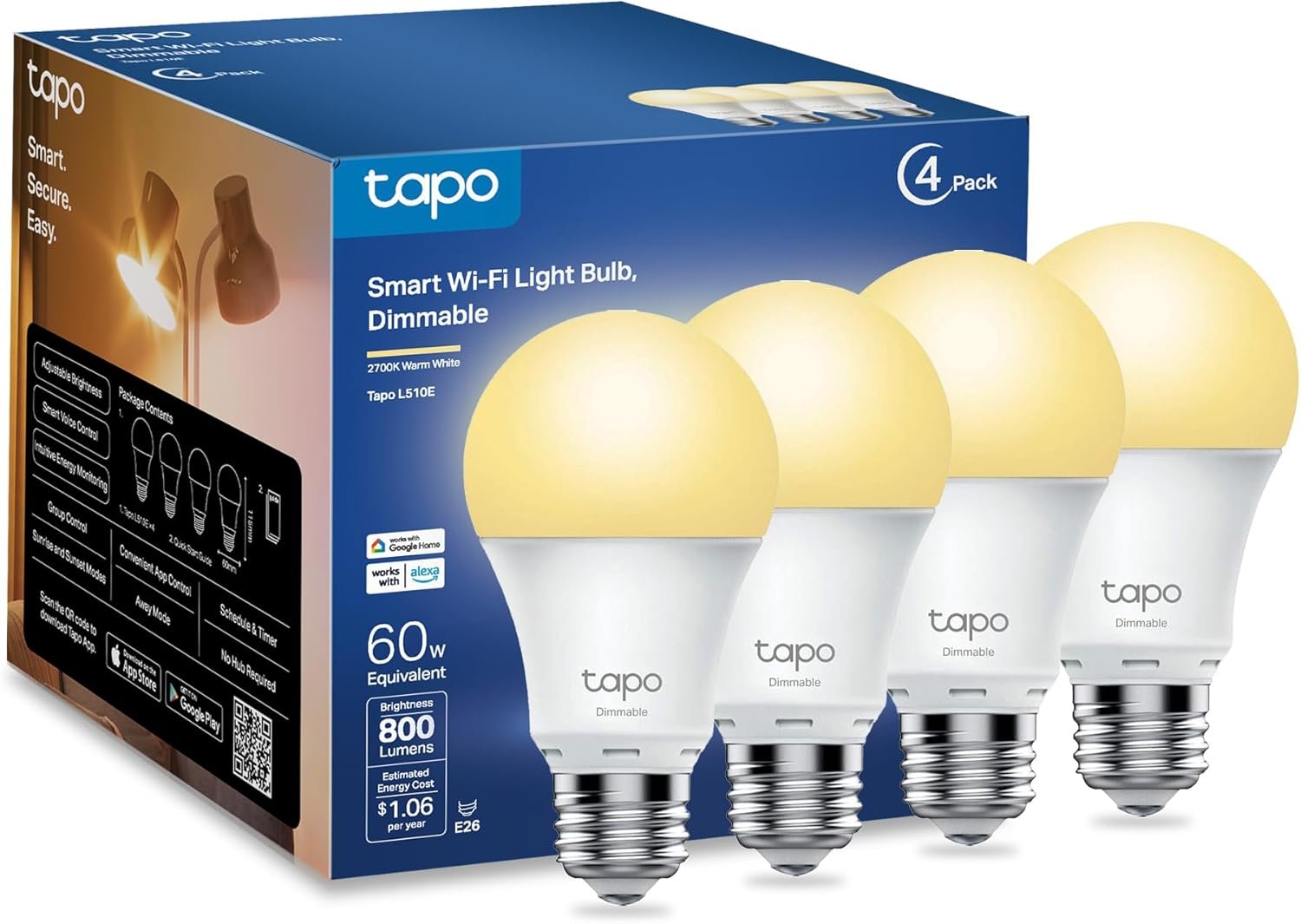 Tapo TP-Link Smart Light Bulbs, 800 Lumens (60W Equivalent), 2700K Soft Warm White LED Bulb, Dimmable, Compatible with Alexa and Google Home, No Hub Required, A19 E26, L510E (4-Pack)