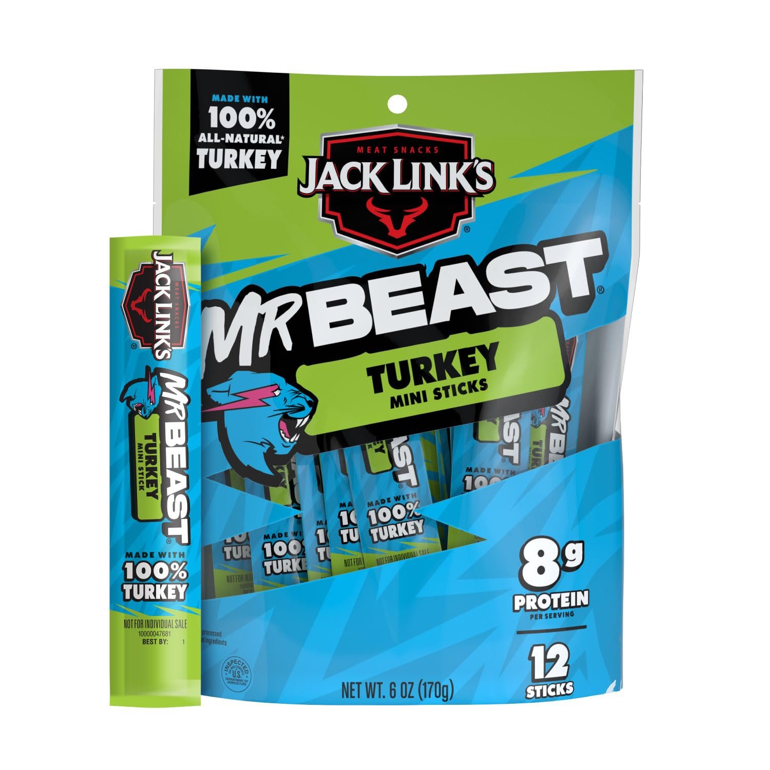 Jack Link’s x MrBeast Turkey Mini Sticks – 8g Protein per 2 Individually Wrapped Meat Sticks, 100% Natural Turkey, Zero Sugar, Pantry-Ready, Kids Snacks, Great Stocking Stuffers, 12 Count .5oz Sticks