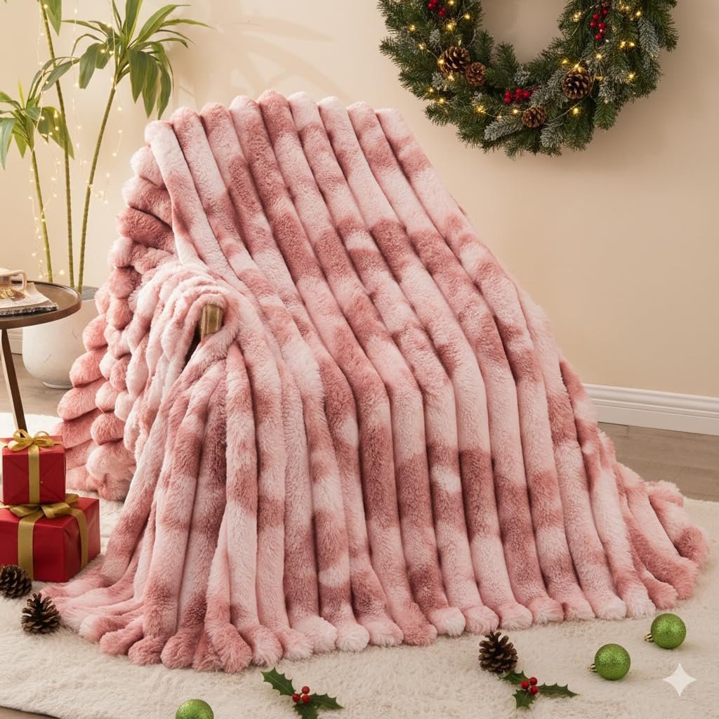 Throw Blanket for Couch – 108″ x 90″ Faux Rabbit Fur Throw Blanket Cozy Soft Warm Blankets for Bed Sofa Bedroom Living Room Fluffy Striped Blankets for Fall Winter, Home Decor, Pink