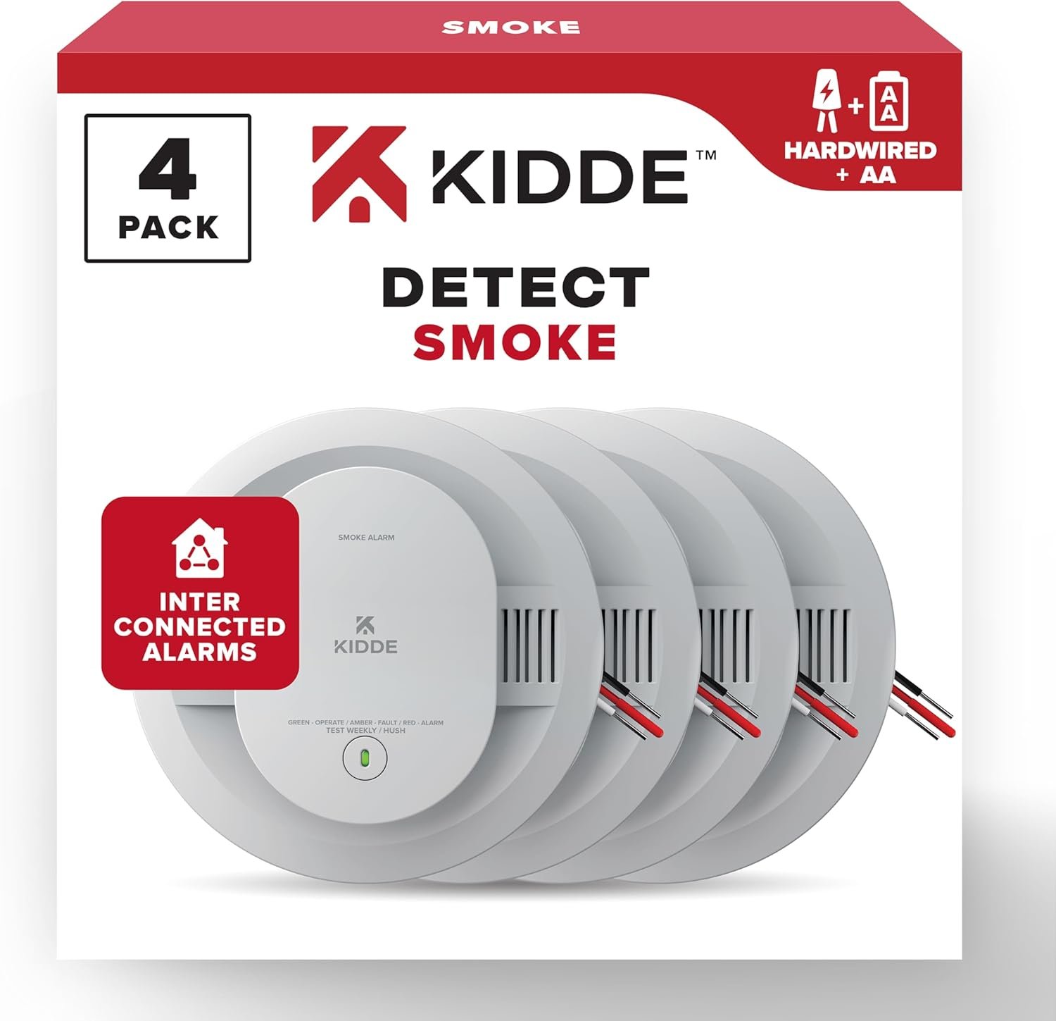 Kidde Hardwired Smoke Detector, AA Battery Backup, Interconnectable, LED Warning Light Indicators, 4 Pack