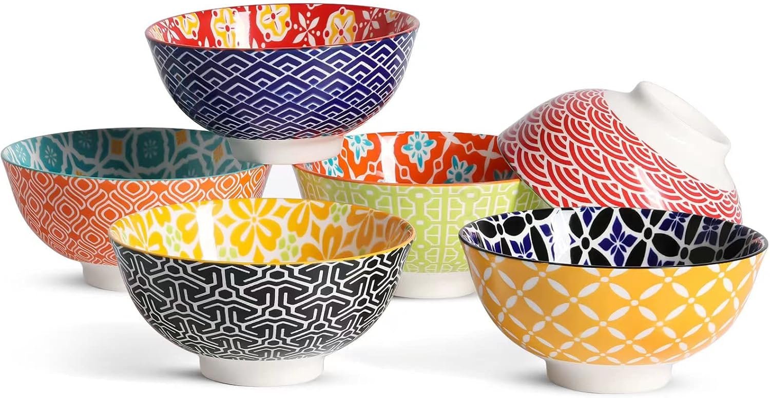 Dessert Bowls, Small Colorful Bowls 10 Oz, Ceramic Bowl Set for Ice Cream, Decorative Bowls for Snack Soup Condiments, Side Dishes, Set of 6