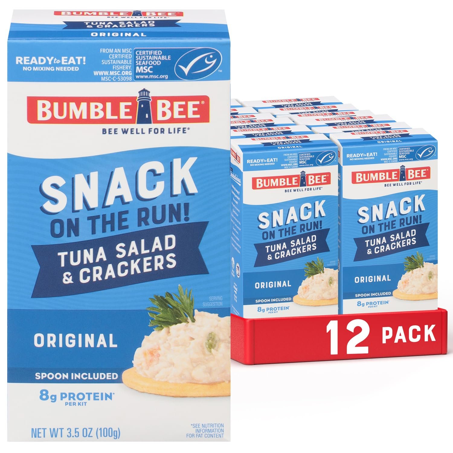 Bumble Bee Snack On The Run Original Tuna Salad with Crackers Kit (Pack of 12) – Ready to Eat Protein Snack Pack – 8g Protein per Box – Wild Caught MSC Certified Tuna