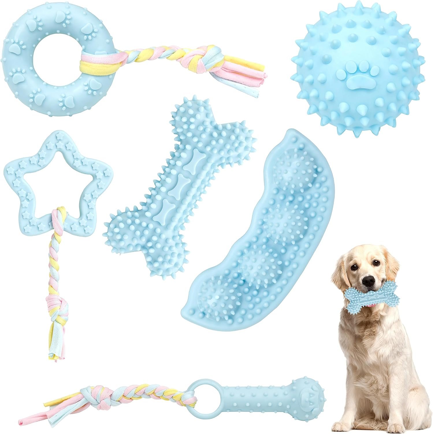 6 Pack Pet Dog Puppy Chew Toys for Teething Small Dogs,Soft Natural Rubber Blue Interactive Dog Puppy Toys Fun Cleaning Squeaky,Funny Dog Chew Toys for Small Medium Breed