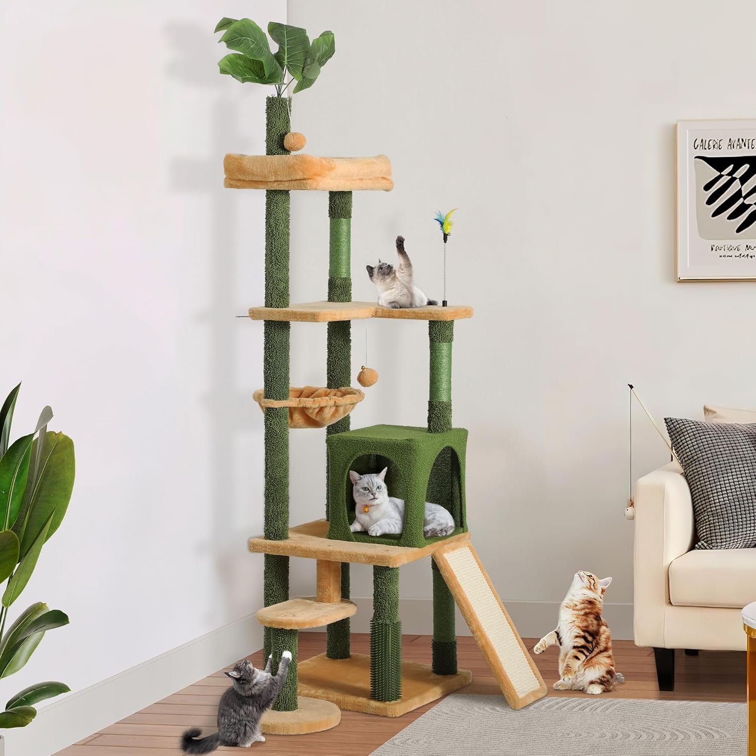 YITAHOME Tall Cat Tree Tower with Leaves for Indoor Cats, 72.8in Cute Cat Climbing Tower with Self-Grooming Brush, Cat Condo, Top Perch, Basktet, Sisal Scratching Posts and Board, Dangling Ball