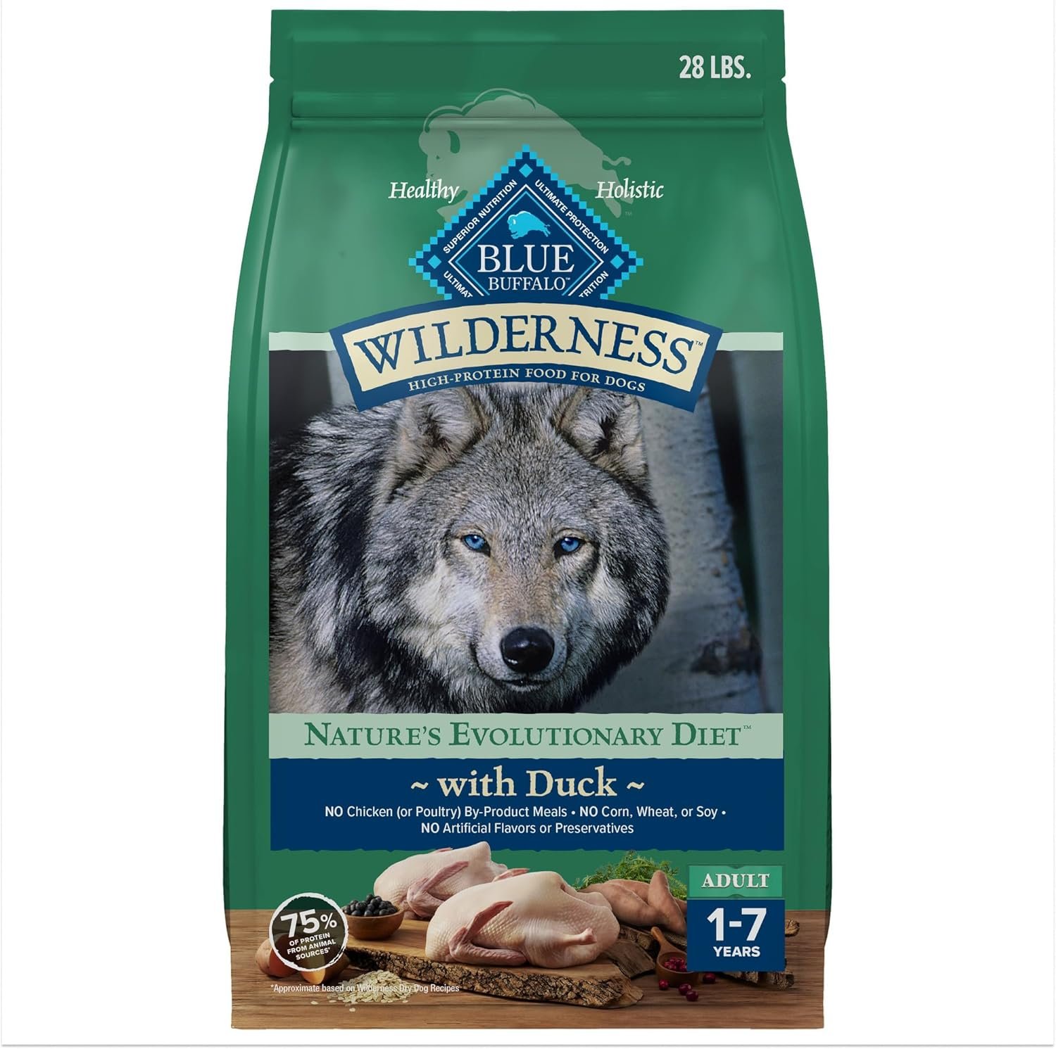 Blue Buffalo Wilderness Natural High-Protein Dry Food for Adult Dogs, with Wholesome Grains, Duck, 28-lb Bag.