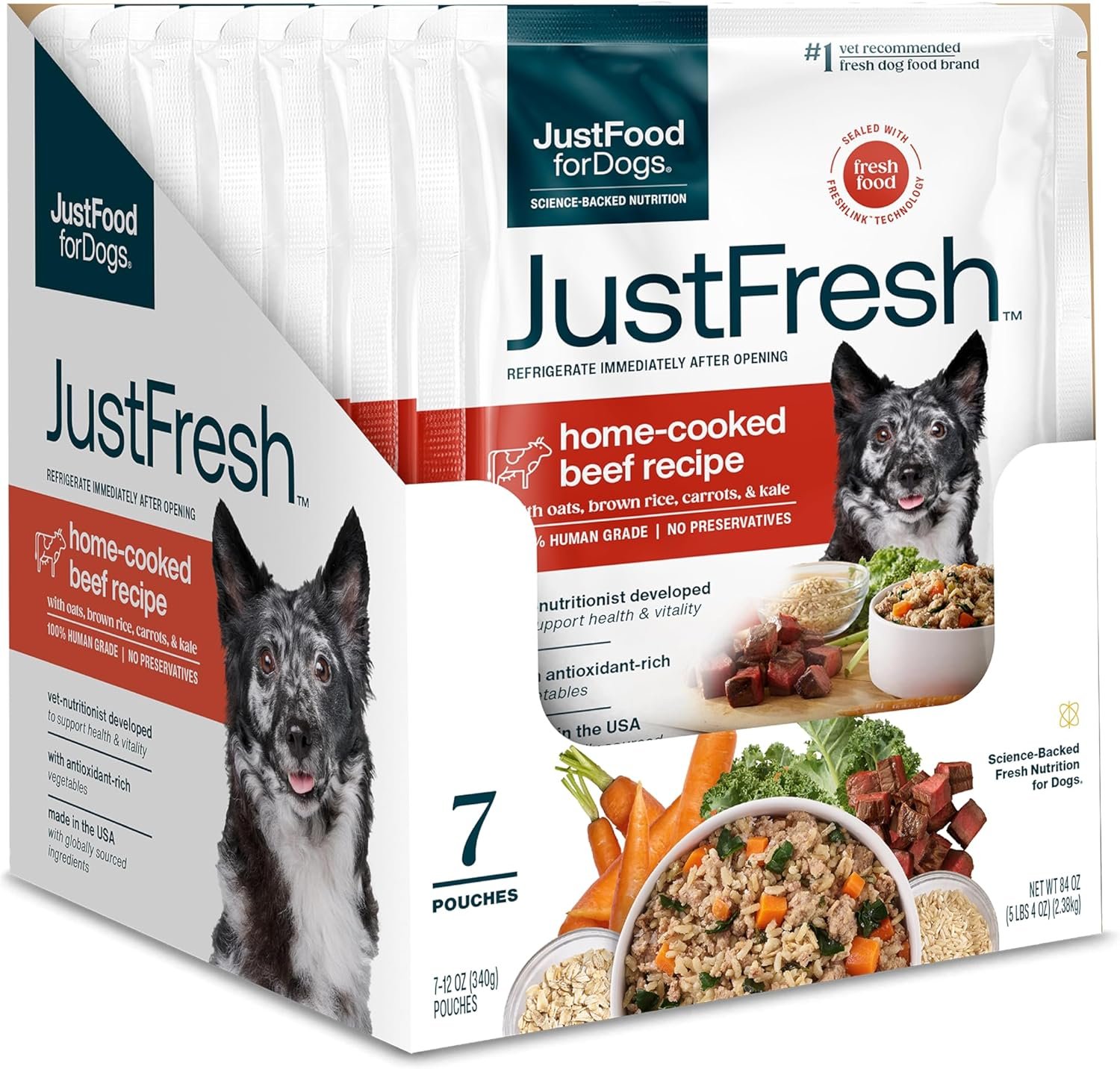 JustFoodForDogs JustFresh Wet Dog Food, Fresh Pet Meals and Toppers with No Preservatives, Resealable Package, Human Grade, Home-Cooked Beef, 12 oz – 7 Pack