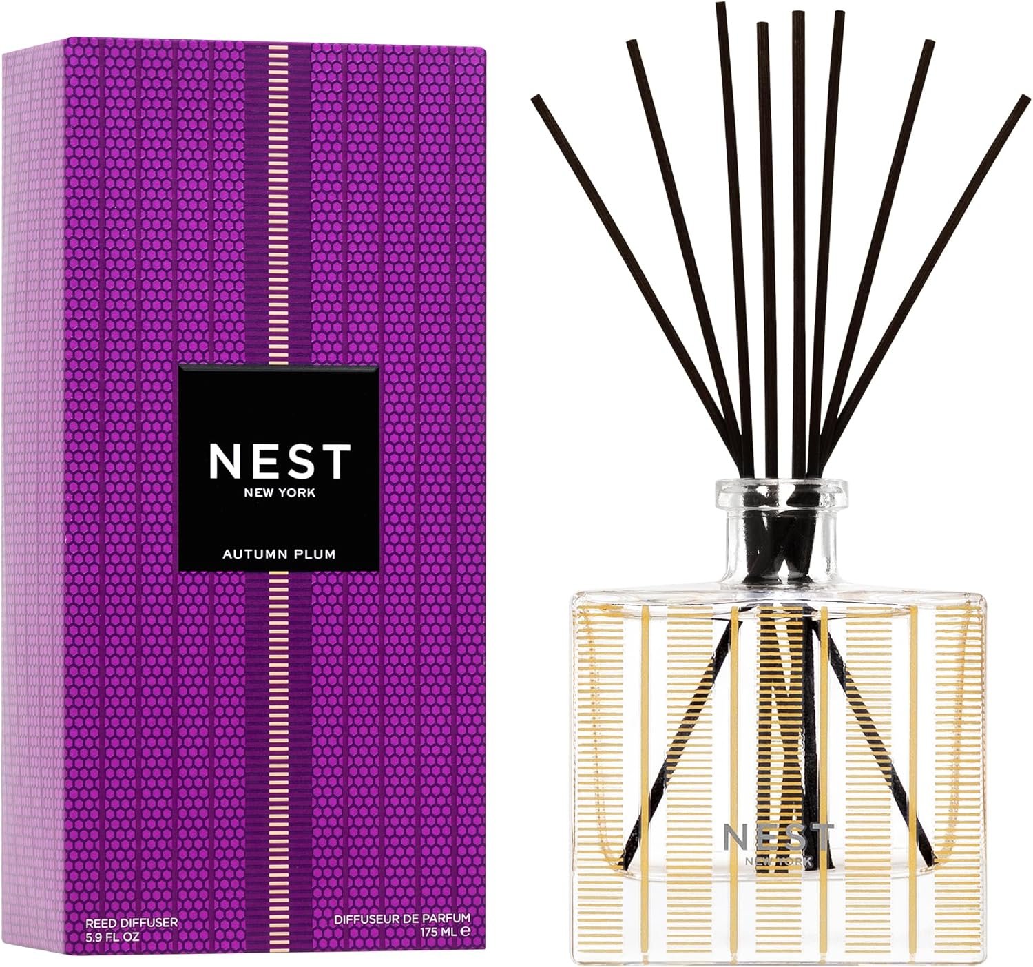 NEST New York Reed Diffuser, Autumn Plum – 5.9 fl oz – Fragrance for Up to 90 Days – Reusable, Refillable Glass Holder – Includes 8 All-Natural Reed Sticks – Flame Free