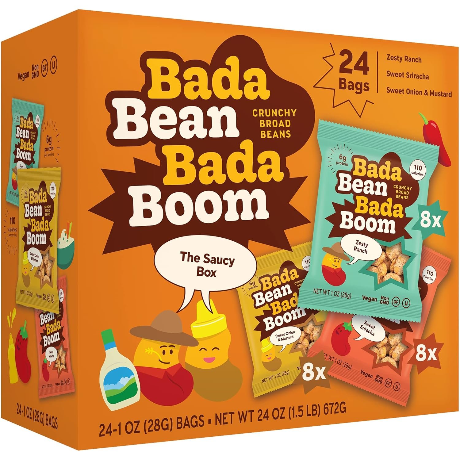 Enlightened Bada Bean Bada Boom – Plant-Based Protein, Gluten Free, Vegan, Crunchy Roasted Broad (Fava) Bean Snacks, 100 Calories per Serving, Saucy Box, 1 Oz (Pack of 24)