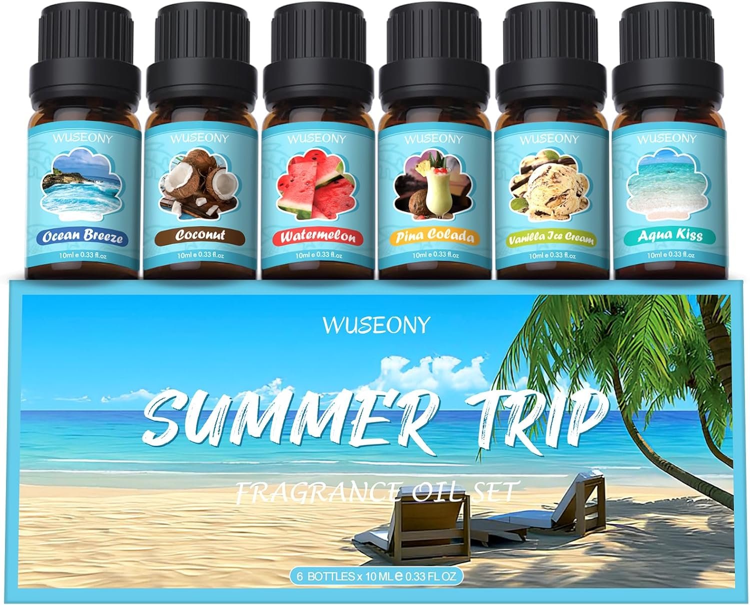 Summer Fragrance Oils Set, Premium Essential Oils for Diffuser, Natural Aromatherapy Oils for Soap Candle Making – Ocean Breeze, Coconut, Pina Colada, Watermelon, Vanilla Ice Cream, Aqua Kiss
