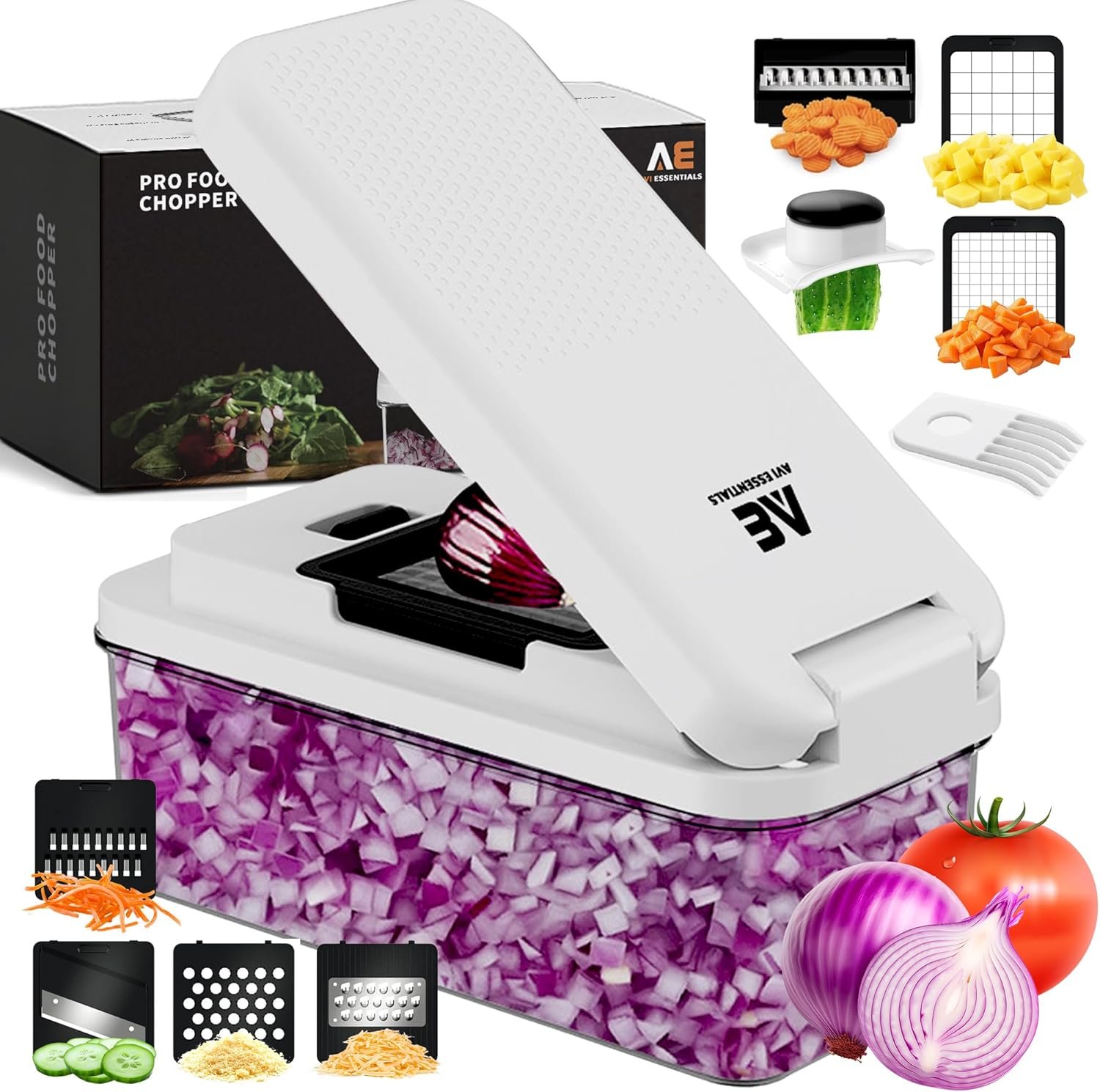 Pro Food Chopper | Premium 9 in 1 Vegetable Chopper with 7 Interchangeable Blades: Chopper, Slicer, Grater | BPA-Free Chopping Tool for Easy Meal Prep