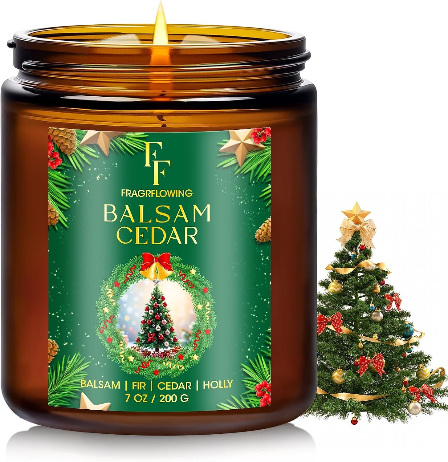 Christmas Candle, Balsam Cedar Scented Candles for Home, Holiday Candles Natural Soy Candle, Aromatherapy Candle 7 oz Jar Candles Christmas Gifts for Women Men