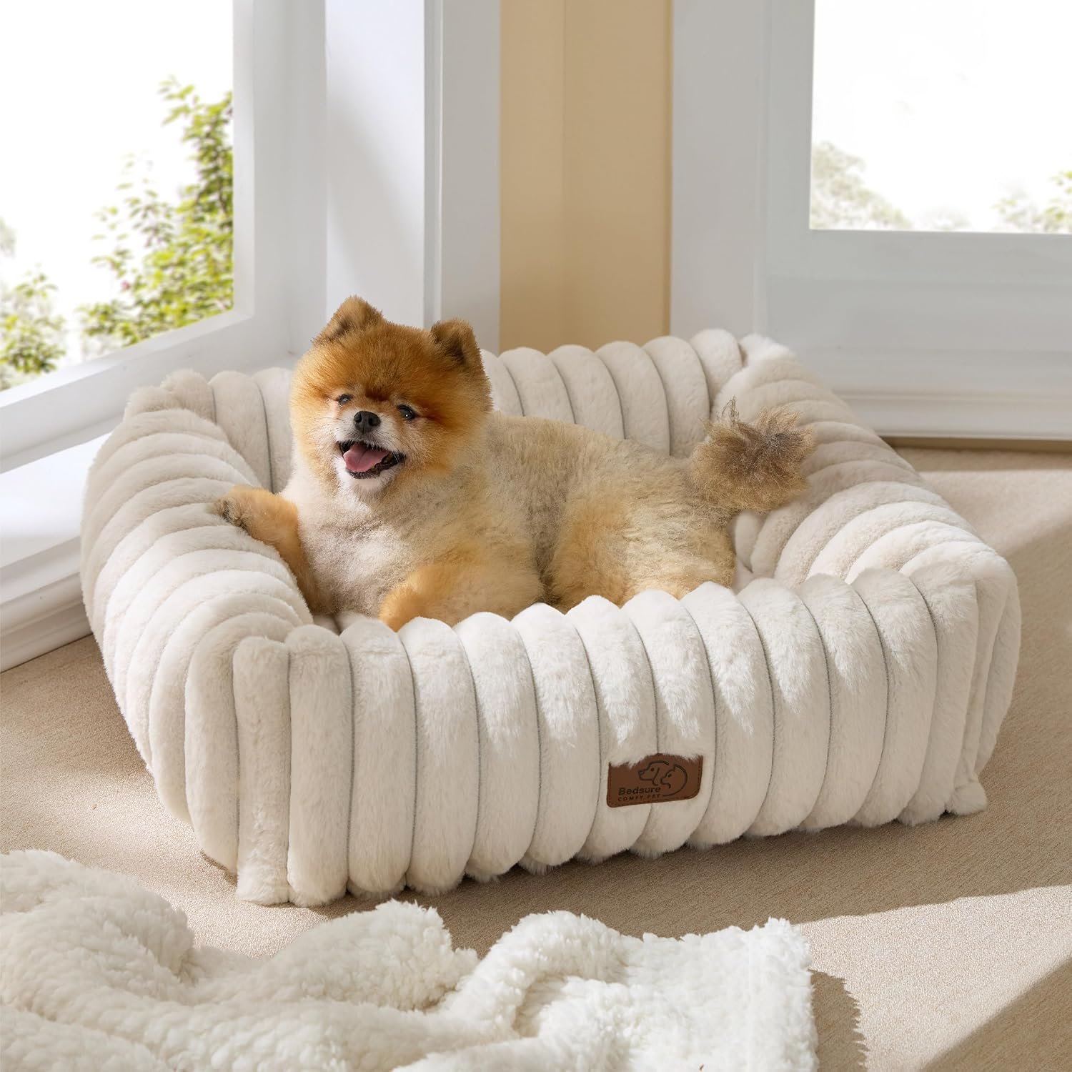 Bedsure Cute Dog Bed for Small Medium Dogs – Washable Furry Puppy Beds, Rectangle Orthopedic Corduroy Fleece Pet Beds with Removable Zipper Cover, 25x21x7inches, Cream