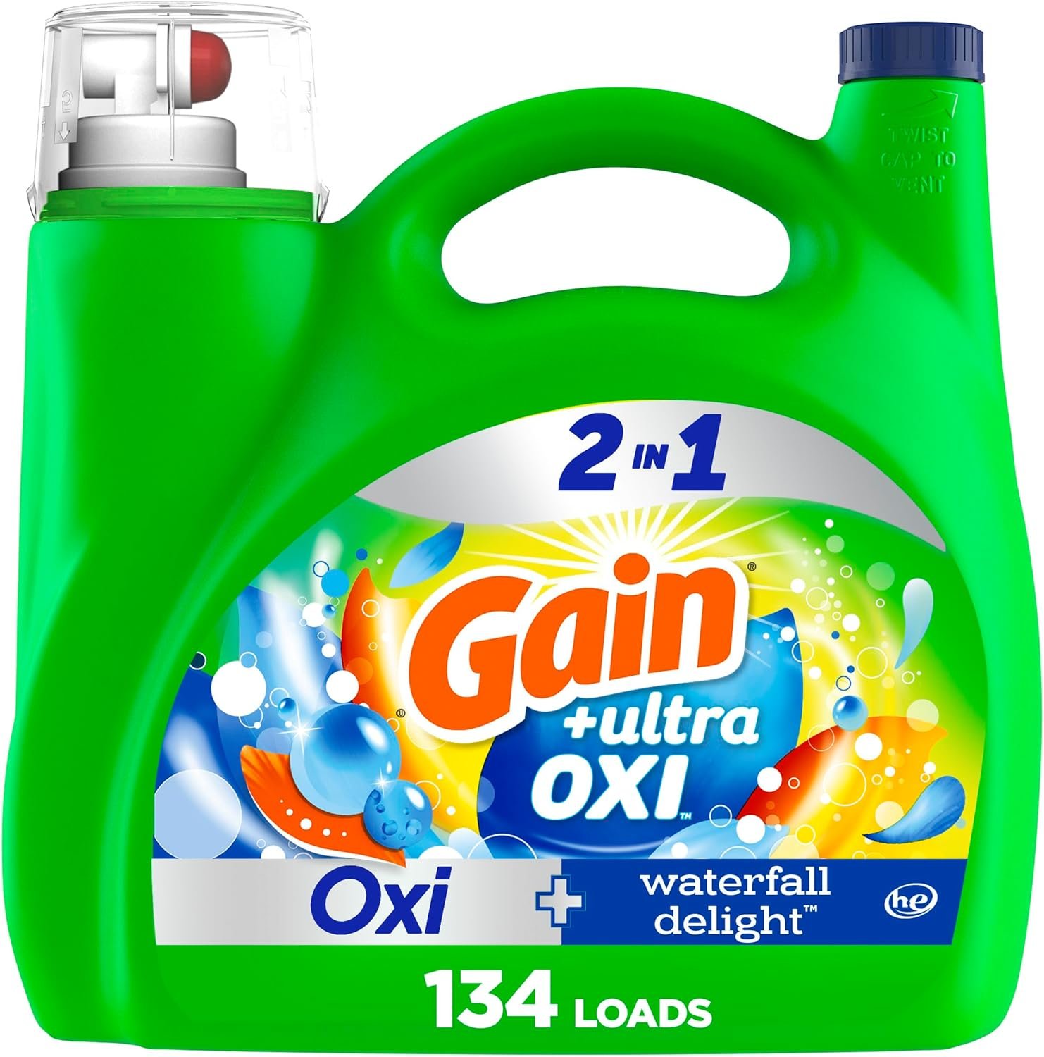 Gain Ultra Oxi Liquid Laundry Detergent, Waterfall Delight Scent, 194 fl oz, 134 Loads, Freshness + Odor Fighting, High Efficiency Washing Machine Liquid Cleaning Soap