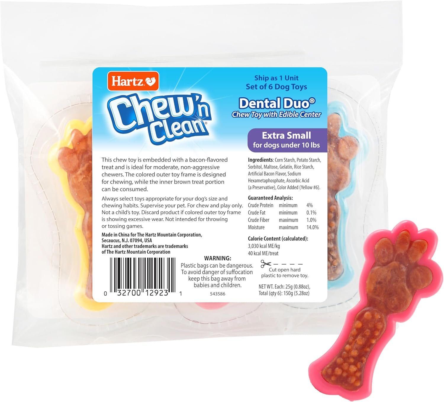 Hartz Chew ‘n Clean Dental Duo Dog Treat & Chew Toy, Color Varies, Extra Small, 6 Count