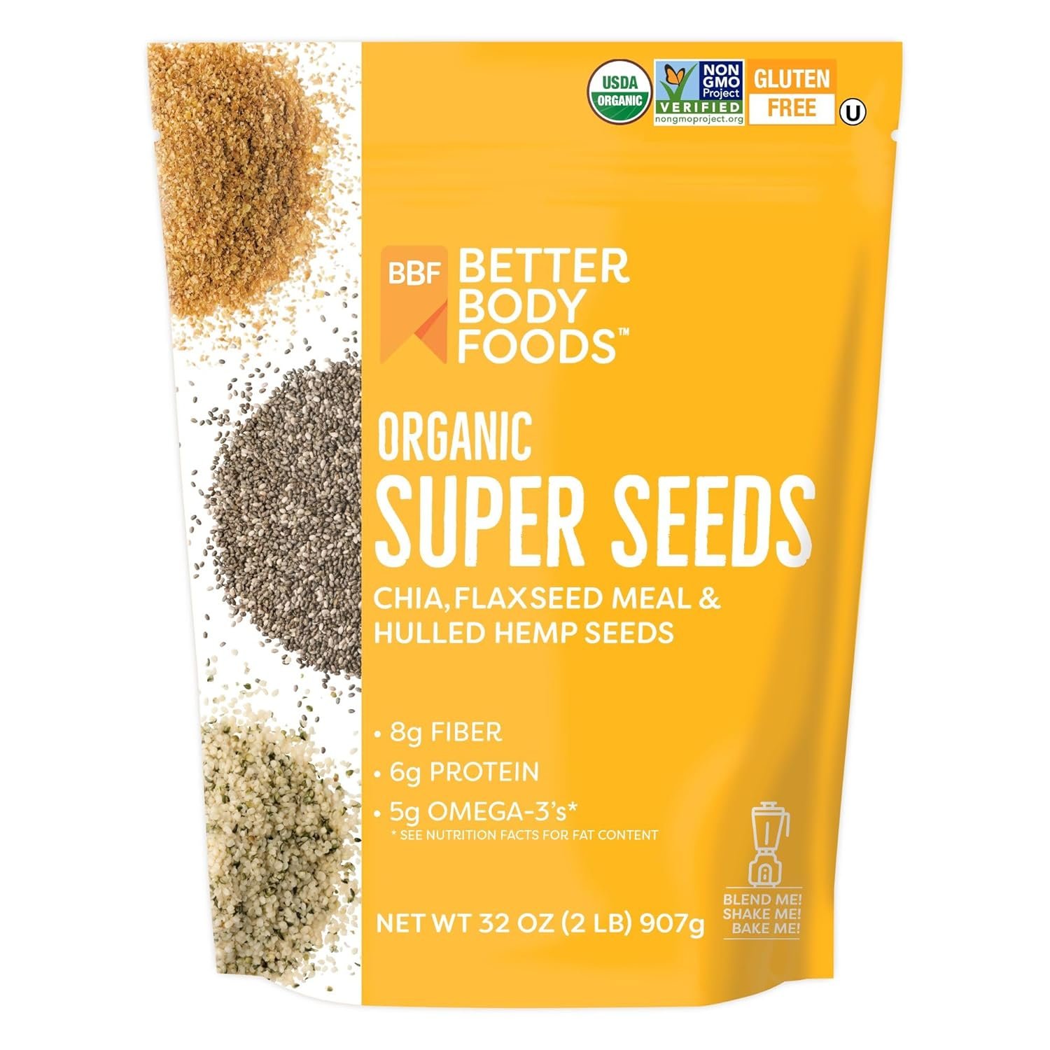 BetterBody Foods Superfood Organic Super Seeds – Chia Flax & Hemp Seeds, Blend of Organic Milled Flax Seed Organic Hemp Hearts, Add to Smoothies Shakes & More, 2lb, 32 oz