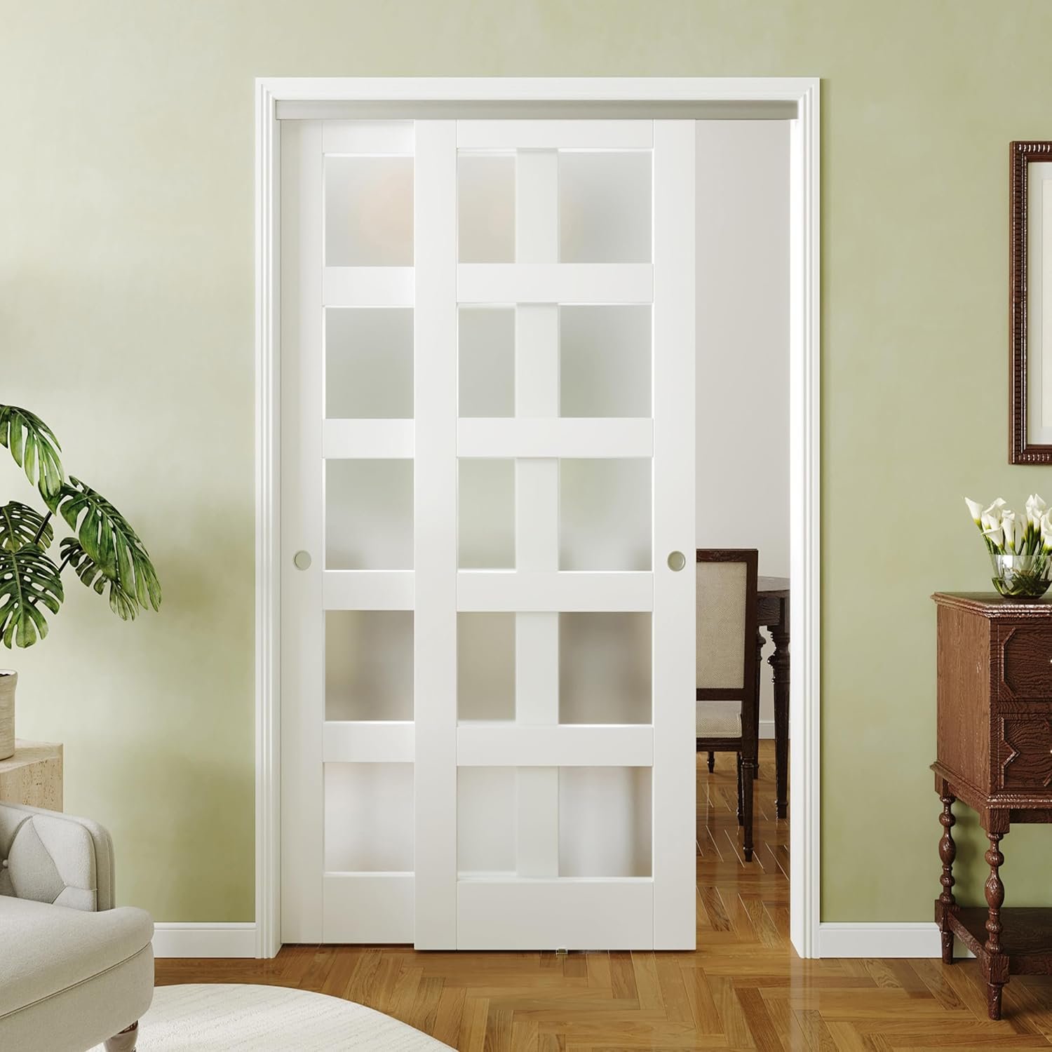 48″ x 80″ Bypass Sliding Doors, 5-Lite Frosted Glass Interior Panels with Hardware Kit, Assembly Required, MDF Material with White Primer, Easy to Install, Ideal for Closet and Pantry Use