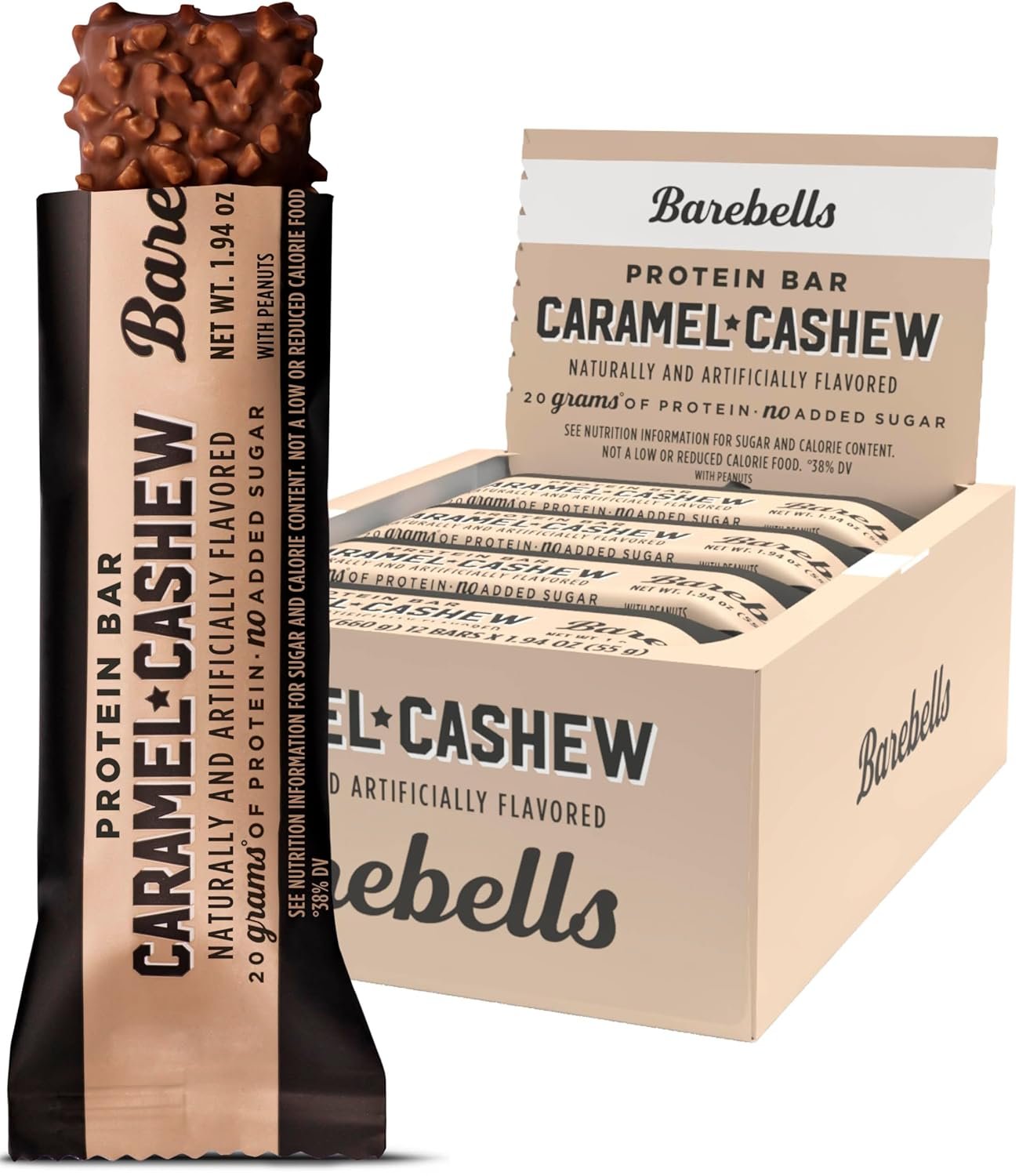 Barebells Protein Bars Caramel Cashew – 12 Count, 20g High Protein Treats – Chocolate Nutrition Bar with 1g Total Sugars – On-The-Go Breakfast or Post-Workout Snack