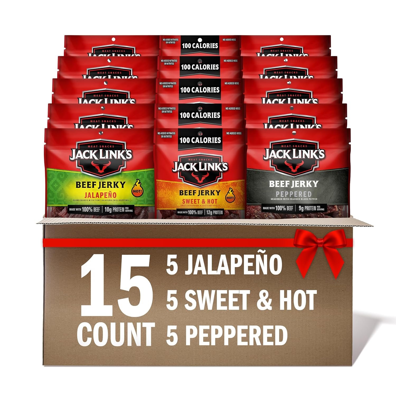 Jack Link’s Beef Jerky Bold Variety Pack – Includes Sweet & Hot, Jalapeno and Peppered Jerky, Bulk Protein Snack Pack, Good Source of Protein, Meat Snacks Made with 100% Beef – 1.25 Oz (Pack of 15)