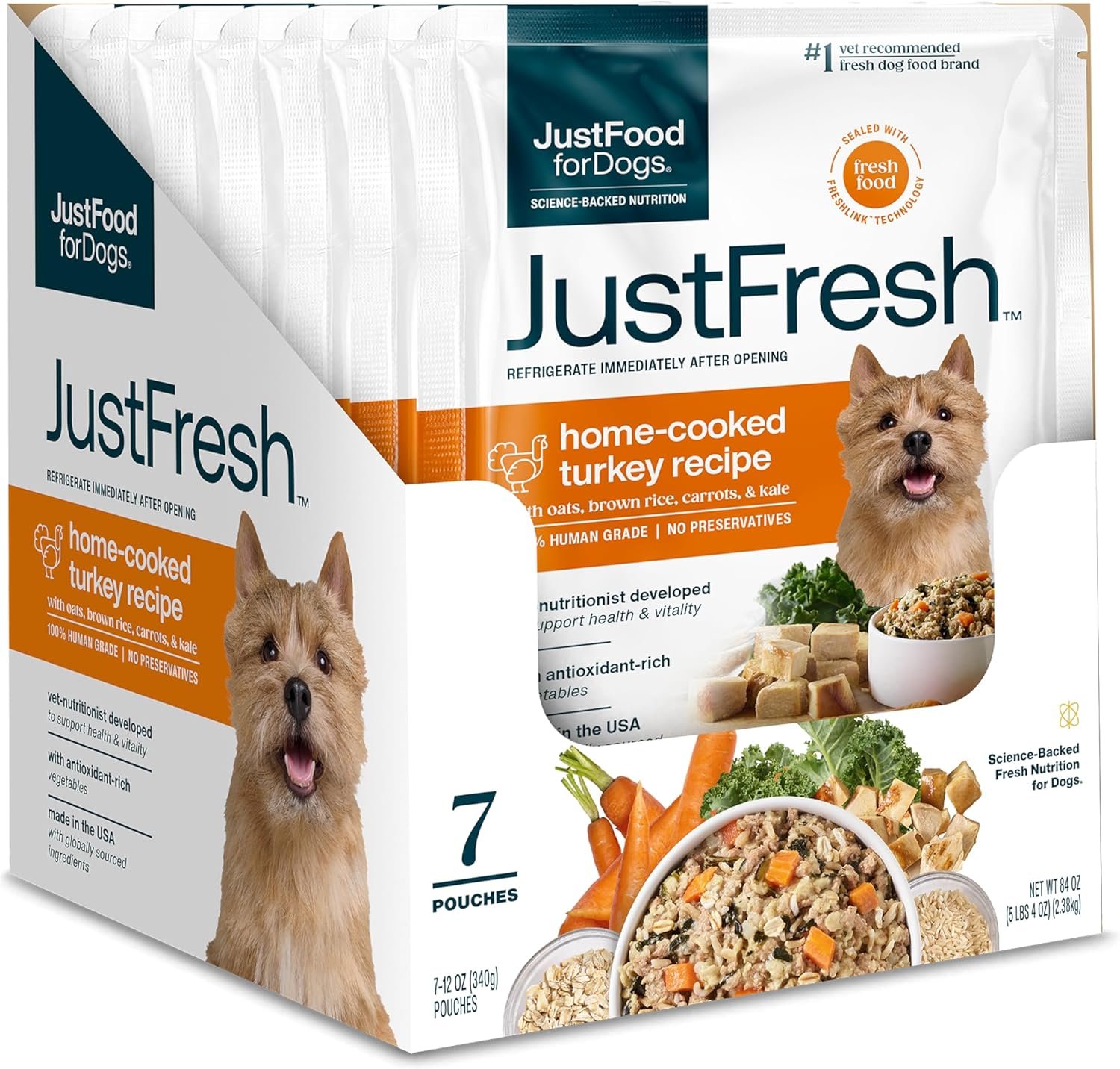 JustFoodForDogs JustFresh Wet Dog Food, Fresh Pet Meals and Toppers with No Preservatives, Resealable Package, Human Grade, Home-Cooked Turkey, 12 oz – 7 Pack