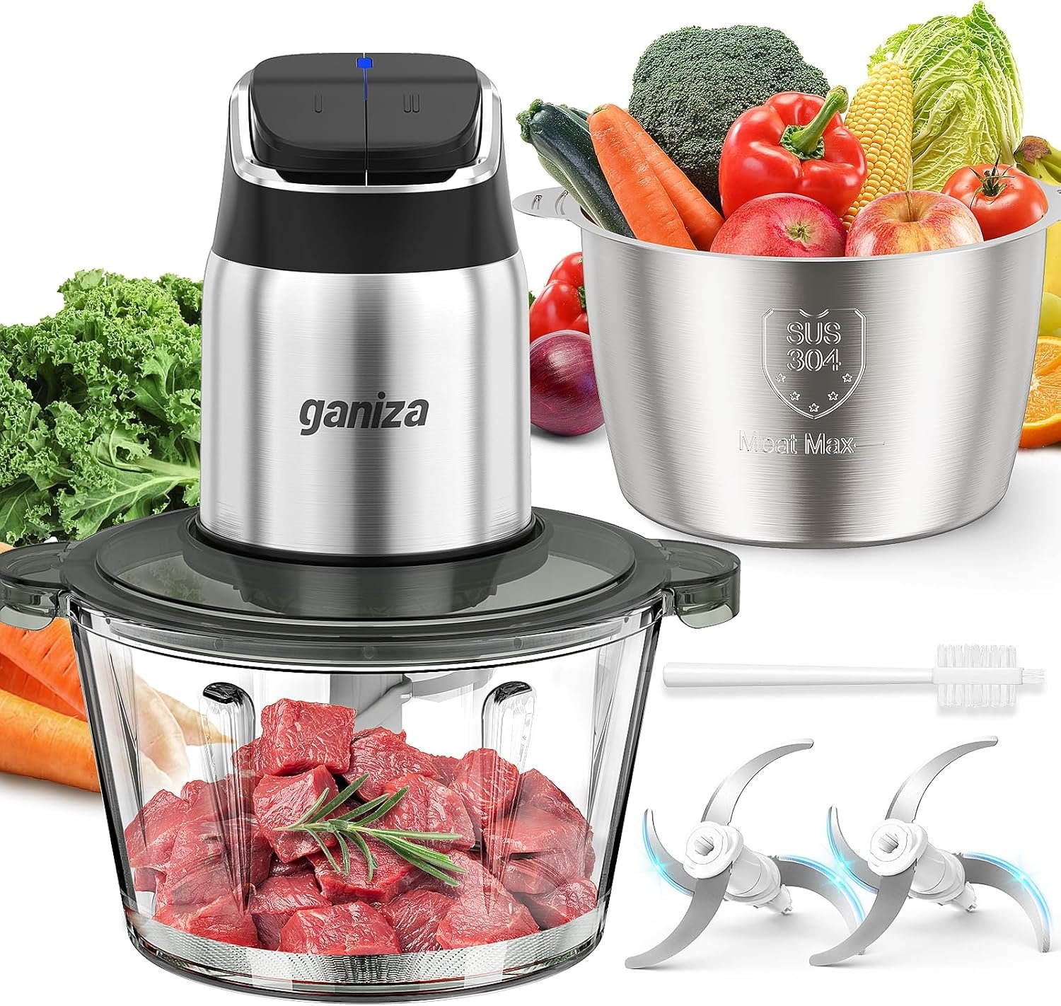 Ganiza Food Processor, 2-Speed Food Chopper Meat Grinder with 8 Cup Stainless Steel & 8 Cup Glass Bowls, Upgraded Button & Smart Overheat Protection Light – Includes Clean Brush, 2 Sets of Blades