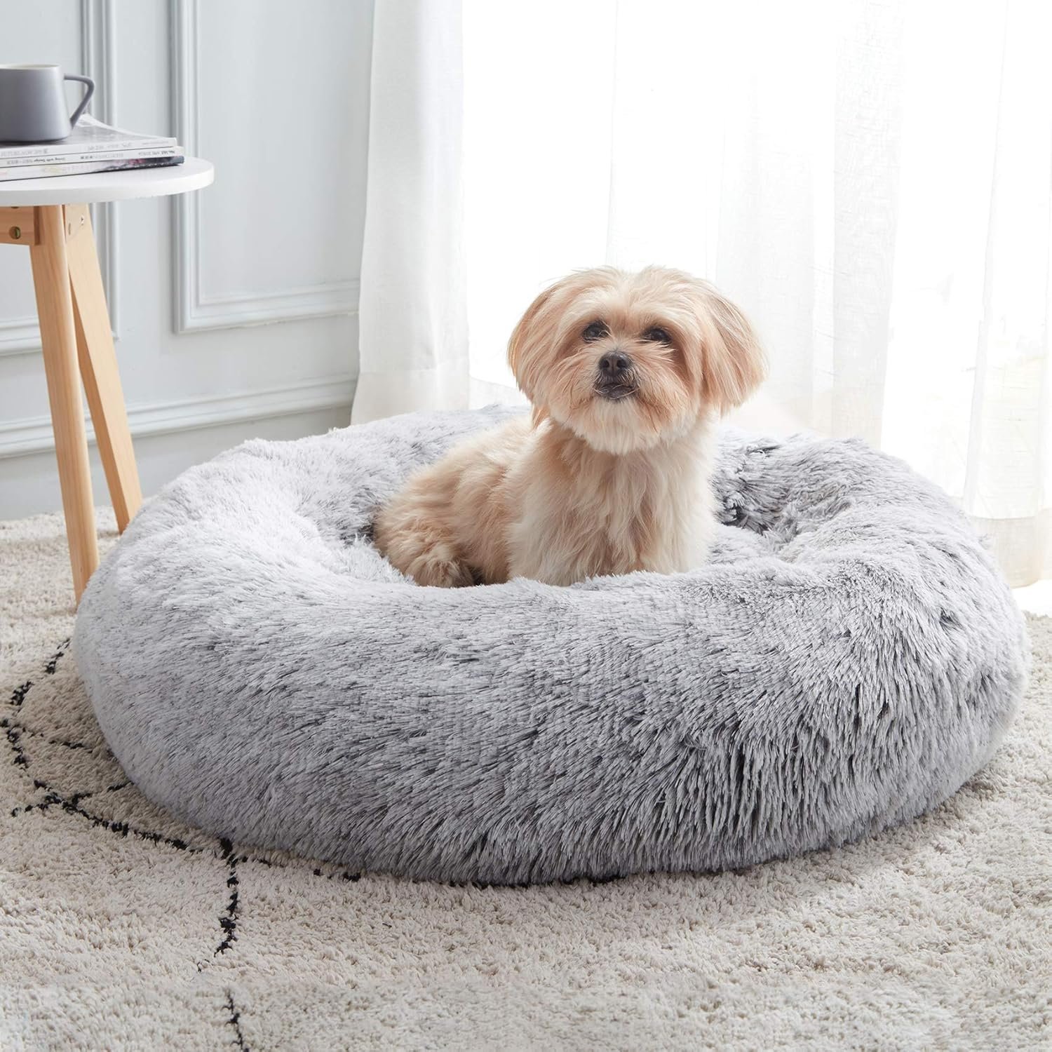 WESTERN HOME WH Calming Dog & Cat Bed, Round Soft Anti-Anxiety Donut Cuddler Warming Cozy Fluffy Faux Fur Plush Cushion Bed for Small Medium Dogs and Cats (20″/24″/27″/30″), Light Grey