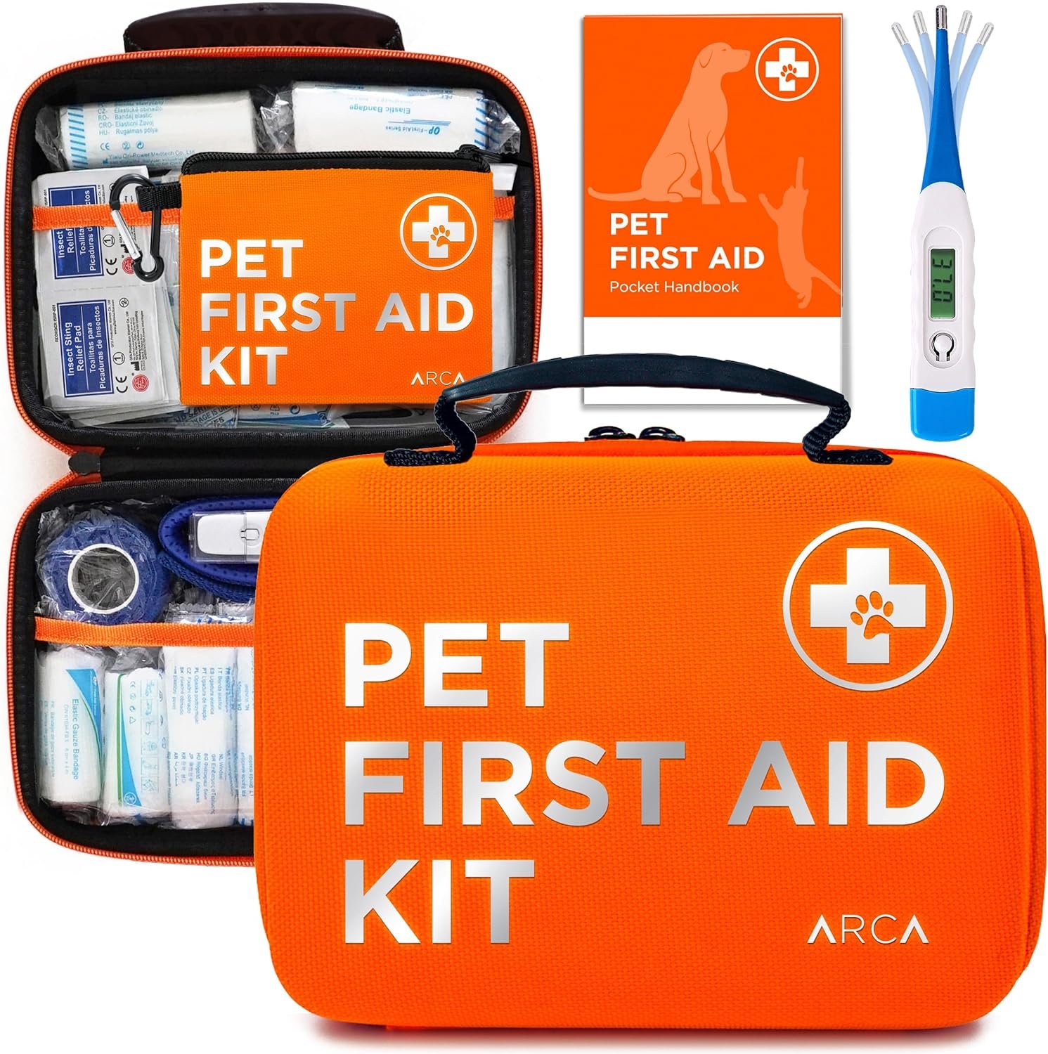 Cat & Dog First Aid Kit for Car – Pet Emergency Kit for Home Office Travel – Dog Camping Essentials with Digital Thermometer, Muzzle & Mini First Aid Pouch