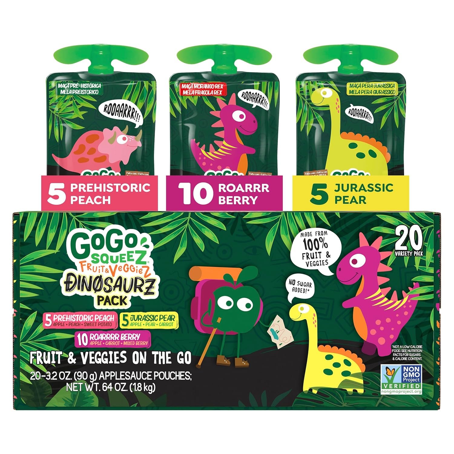 GoGo squeeZ Fruit & veggieZ Applesauce and Puree Variety Pack, Jurassic Pear, Roarrrr Berry & Prehistoric Peach, 3.2 oz (Pack of 20), Unsweetened Snacks for Kids, BPA Free Pouches