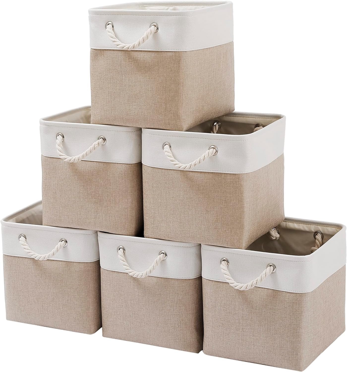 11 x 11 Inch Cube Storage Bins, 6 Pack Large Collapsible Fabric Storage Bin with Ropes, Foldable Storage Cubes for Home, Office,Closet, Clothes, Toys Organizer (White & Beige-11″x11″x11″)