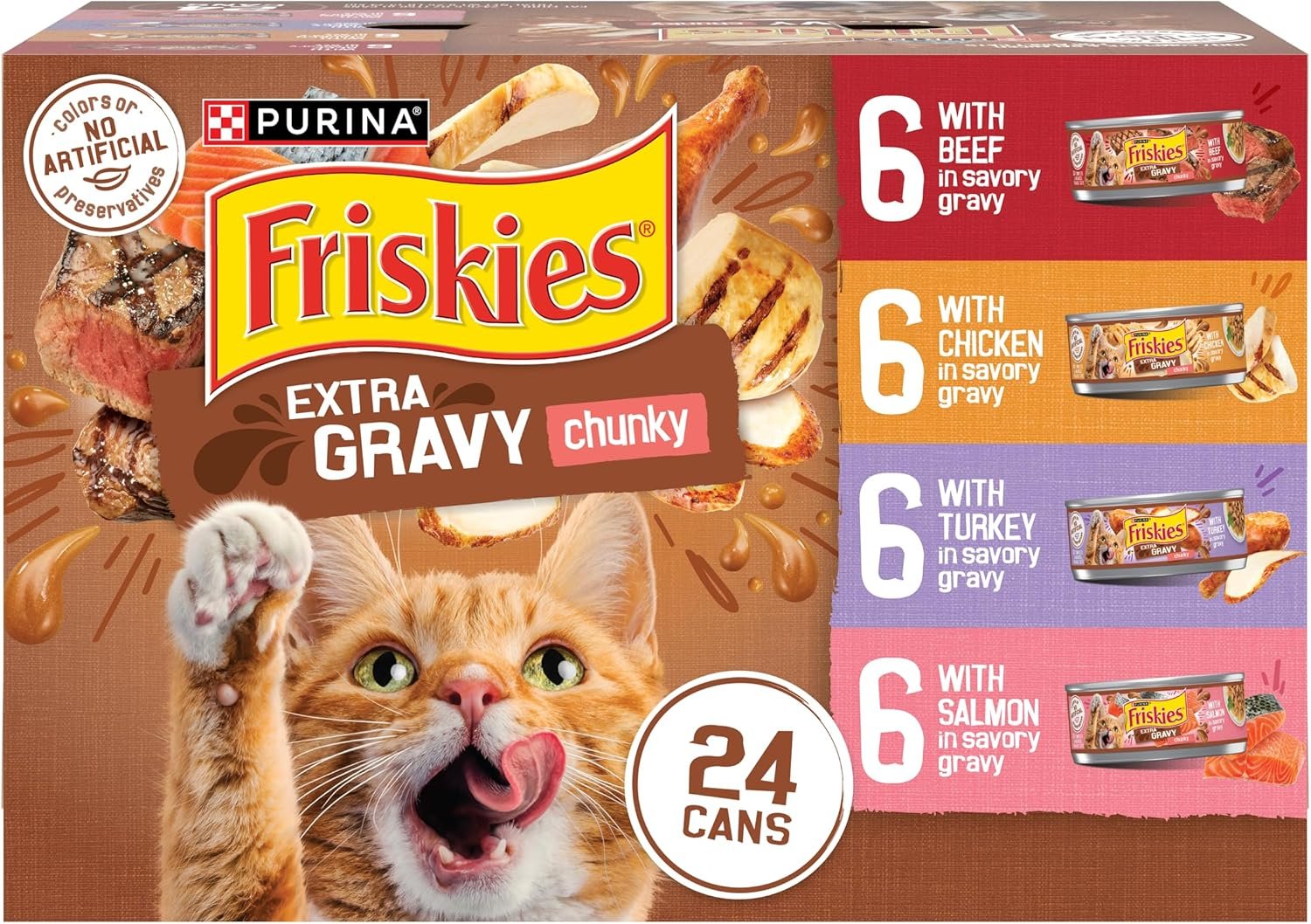 Purina Friskies Extra Gravy Wet Cat Food Chunky 24ct Variety Pack (With Chicken, Turkey, Salmon, Beef) – (Pack of 24) 5.5 oz. Cans