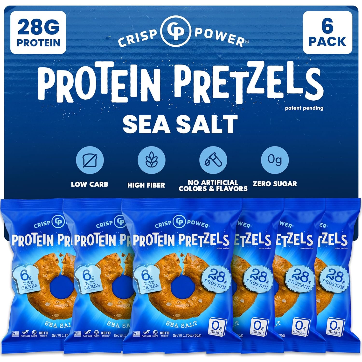 Crisp Power High Protein Pretzels, Sea Salt, High Protein Snack, 28G Protein, Low Carb, Crunchy, No Added Sugar, Keto-Friendly Snack, 1.75 oz Bags, 6 Pack, Vegan, Plant-Based, Keto