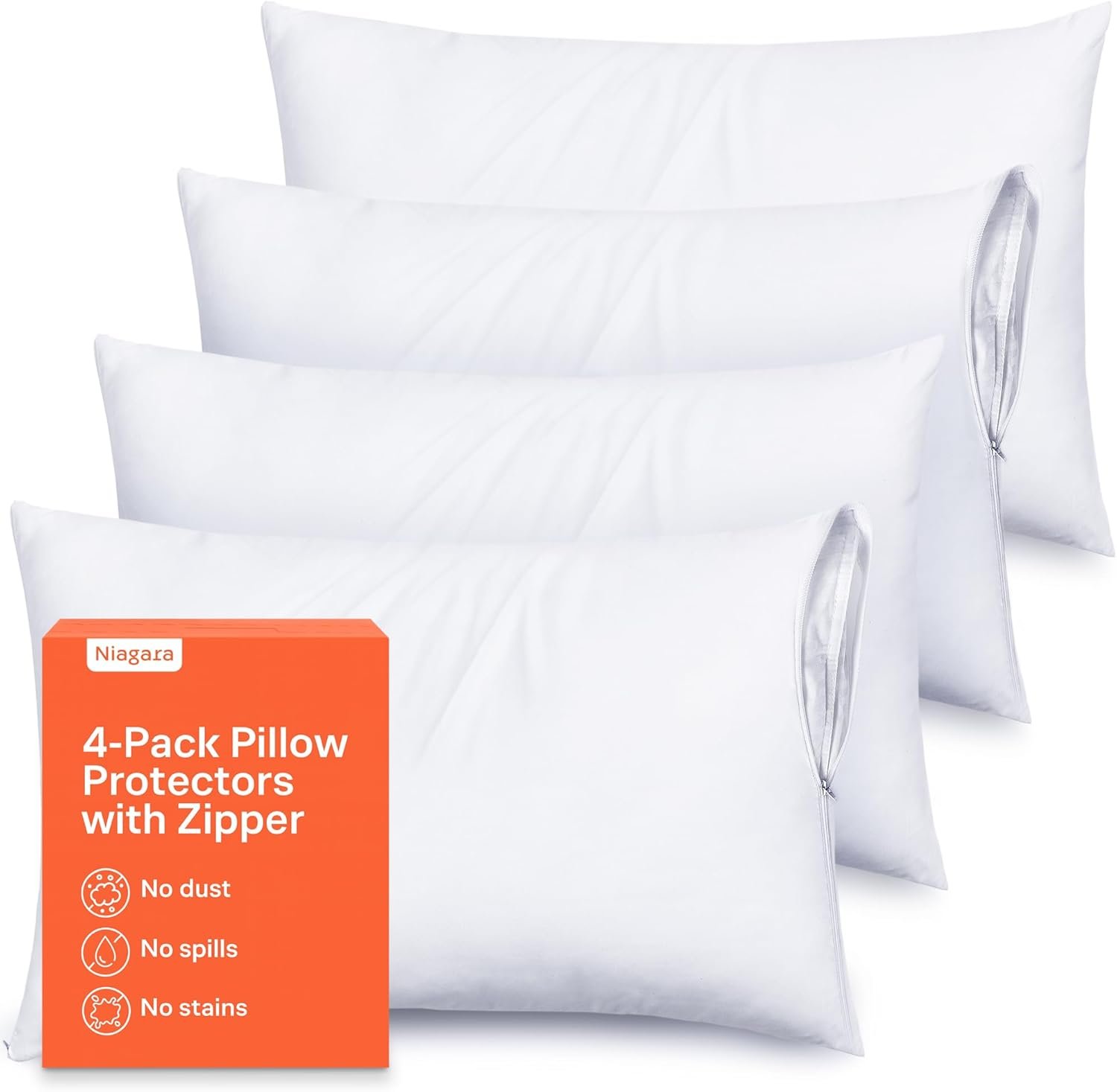 Ultra Soft Pillow Protectors with Zipper Standard Size – Set of 4 Breathable Pillow Covers – 100% Protection Against Stains, Dust & Dirt – Machine Washable (White)