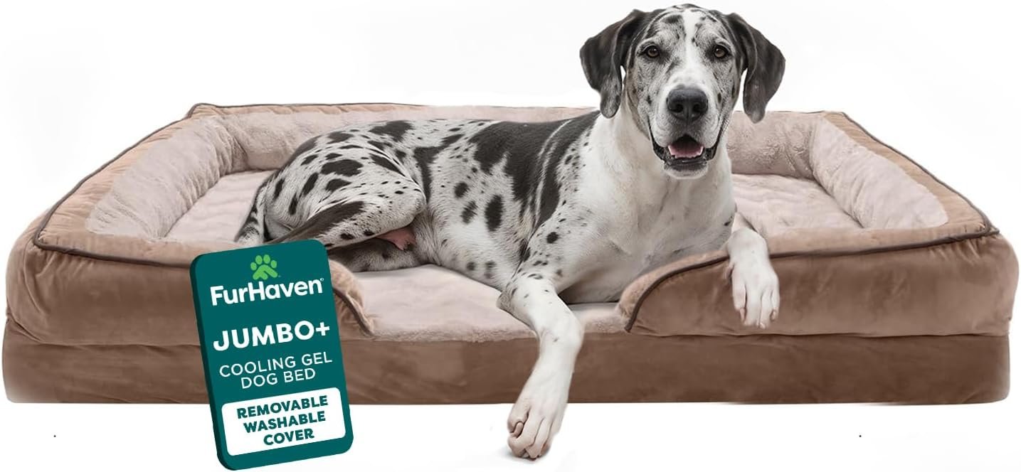 FurHaven Cooling Gel Dog Bed for Large Dogs, Perfect Comfort Sofa Bed with Cool Gel-Top Foam & Solid Orthopedic Foam Base for Joint Support, Washable Cover, Jumbo Plus XXL, Plush & Velvet, Brownstone.