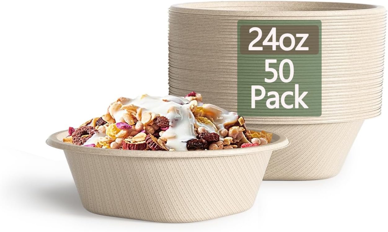 Homestockplus [50 Pack] 24 Oz Disposable Paper Bowls – Heavy Duty Disposable Bowls – Made from Natural Bagasse for Cereal, Rice, French Fries – Convenient and Compostable