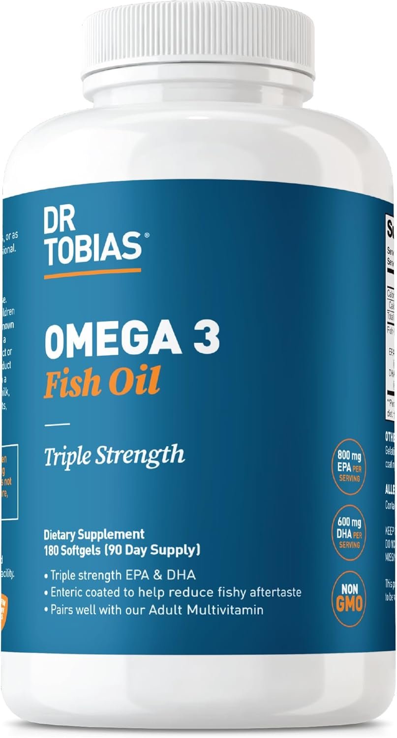 Dr. Tobias Omega 3 Fish Oil, 2000mg Triple Strength with 800mg EPA 600mg DHA Per Serving, Fish Oil Omega 3 Supplements for Heart, Brain & Immune Support, 180 Softgels, 90 Servings
