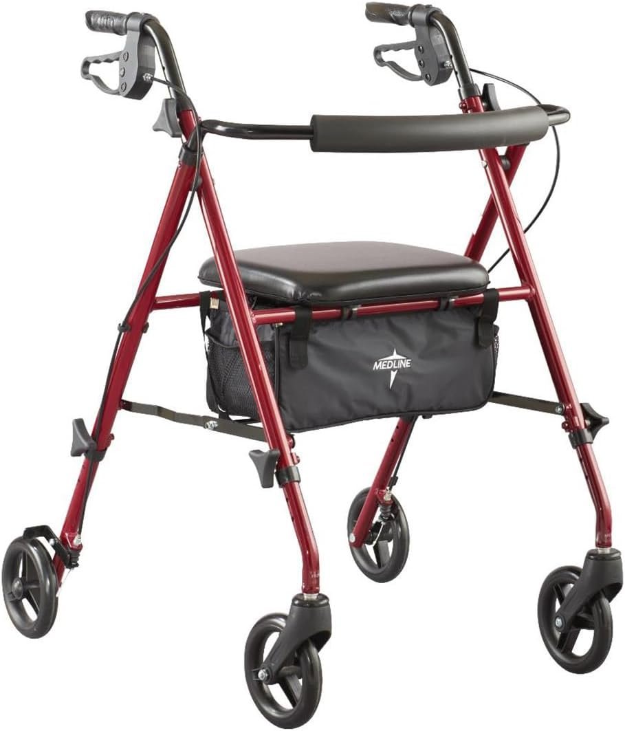Medline Superlight Folding Aluminum Mobility Rollator Walker, Red, 250 lb. Weight Capacity, 6″ Wheels, Adjustable Arms and Seat, Foldable Rolling Walker for Seniors