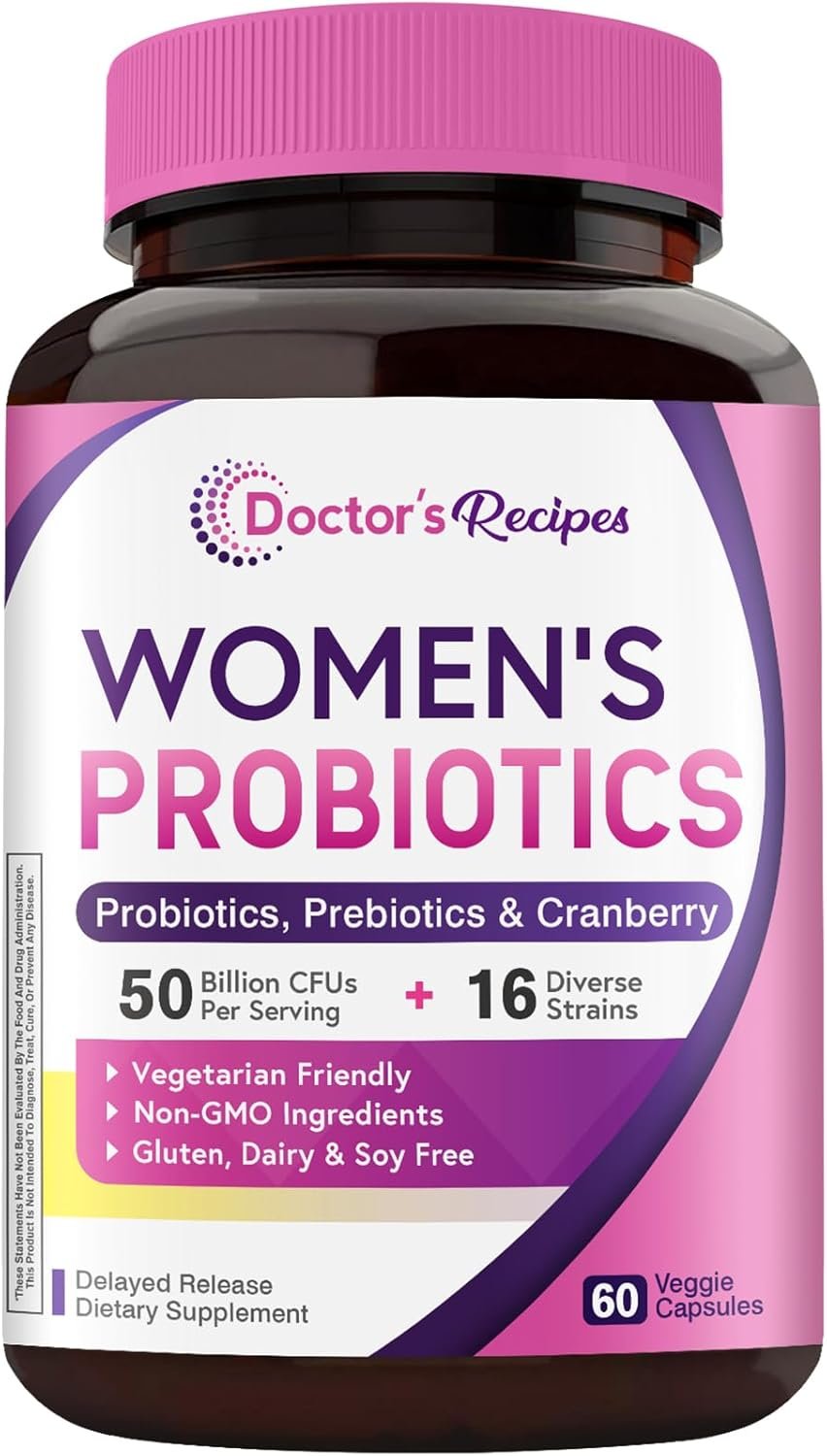 Doctor’s Recipes Women’s Probiotic, 60 Caps 50 Billion CFU 16 Strains, with Organic Cranberry, Shelf Stable, Delayed Release, No Soy Gluten Dairy