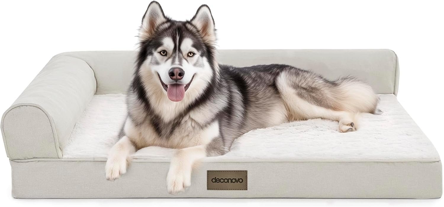 Deconovo Sofa Dog Bed with L-Shape Bolster, Supportive Eggrate Foam, PV Velvet Top, Anti-Slip Waterproof Bottom, Zippered Washable Cover, Large Dogs & XL Options, Beige, 30x20x7 Inches