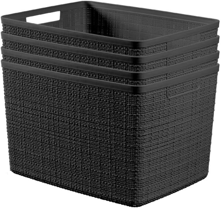 Curver Set of 4 Large 20L Jute Decorative Plastic Organization and Storage Baskets – Perfect Bins for Home Office, Closet Shelves, Kitchen Pantry and All Bedroom Essentials, Black