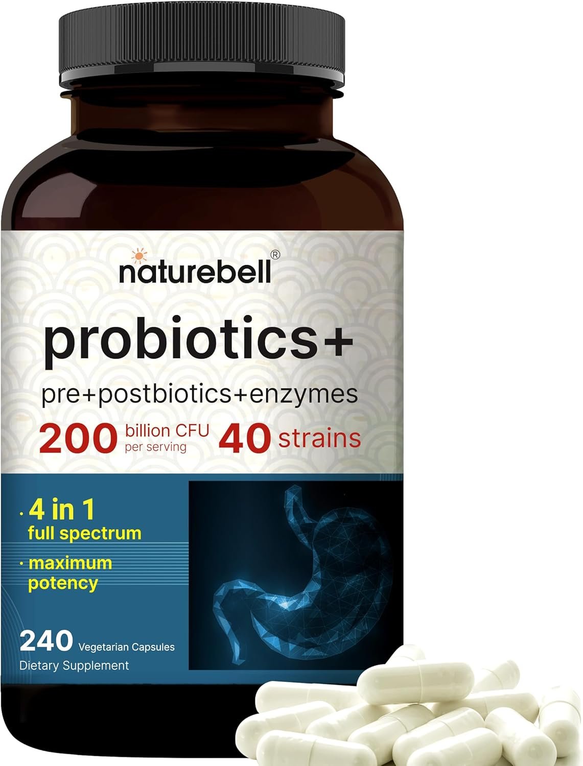 NatureBell Probiotic 200 Billion CFU – 40 Strains Per Serving | 240 Veggie Capsules with Prebiotics and Probiotics – Full Spectrum Complex with Enzymes – Daily Probiotics for Women & Men