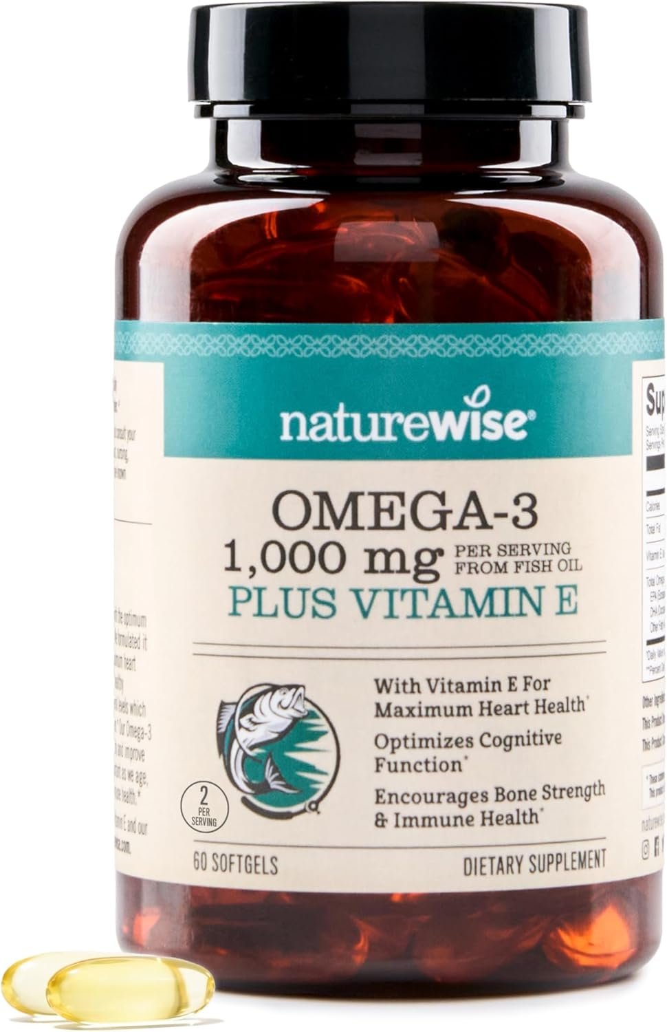 NatureWise Extra-Strength Omega 3 Fish Oil Supplement – 1000mg per Serving – 600 EPA & 400 DHA and Vitamin E – Support for Heart & Brain Health – Lemon Flavor, GMO-Free – 60 Softgels[1-Month Supply]