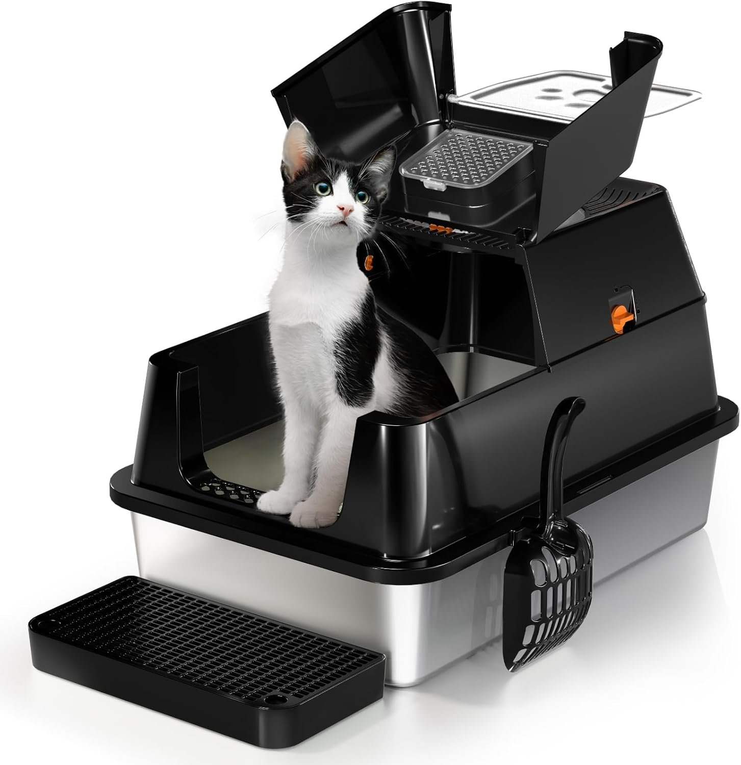 Stainless Steel Cat Litter Box with Lid, 180° Flip-Top XL Extra Large Enclosed Litter Box, Covered Metal High Sided Litter Pan with Steps & Scoop, Easy Cleaning, Odor Control,Non-Sticky-Black