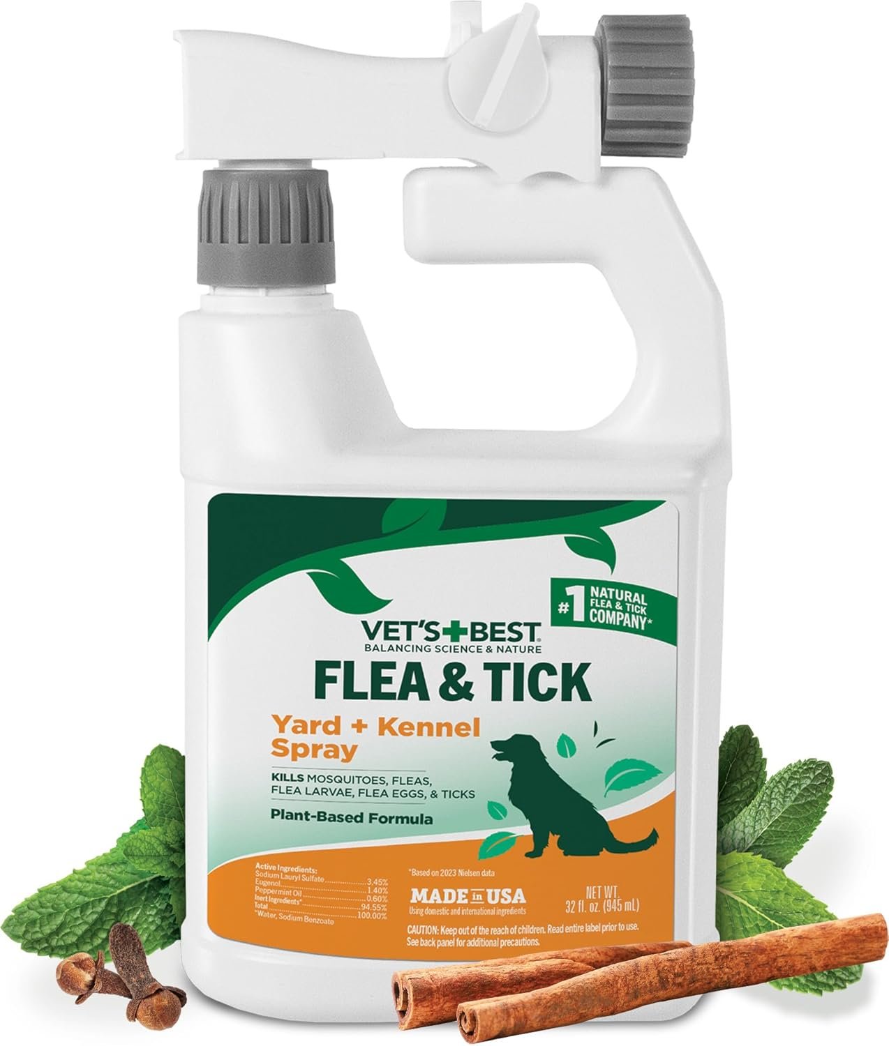 Vet’s Best Flea and Tick Yard & Kennel Spray, Dog Flea Spray that Kills Fleas, Mosquitoes, & Ticks, Plant-Based Ingredients, Plant Safe Ready-to-Use Hose Attachment, 32 fl oz