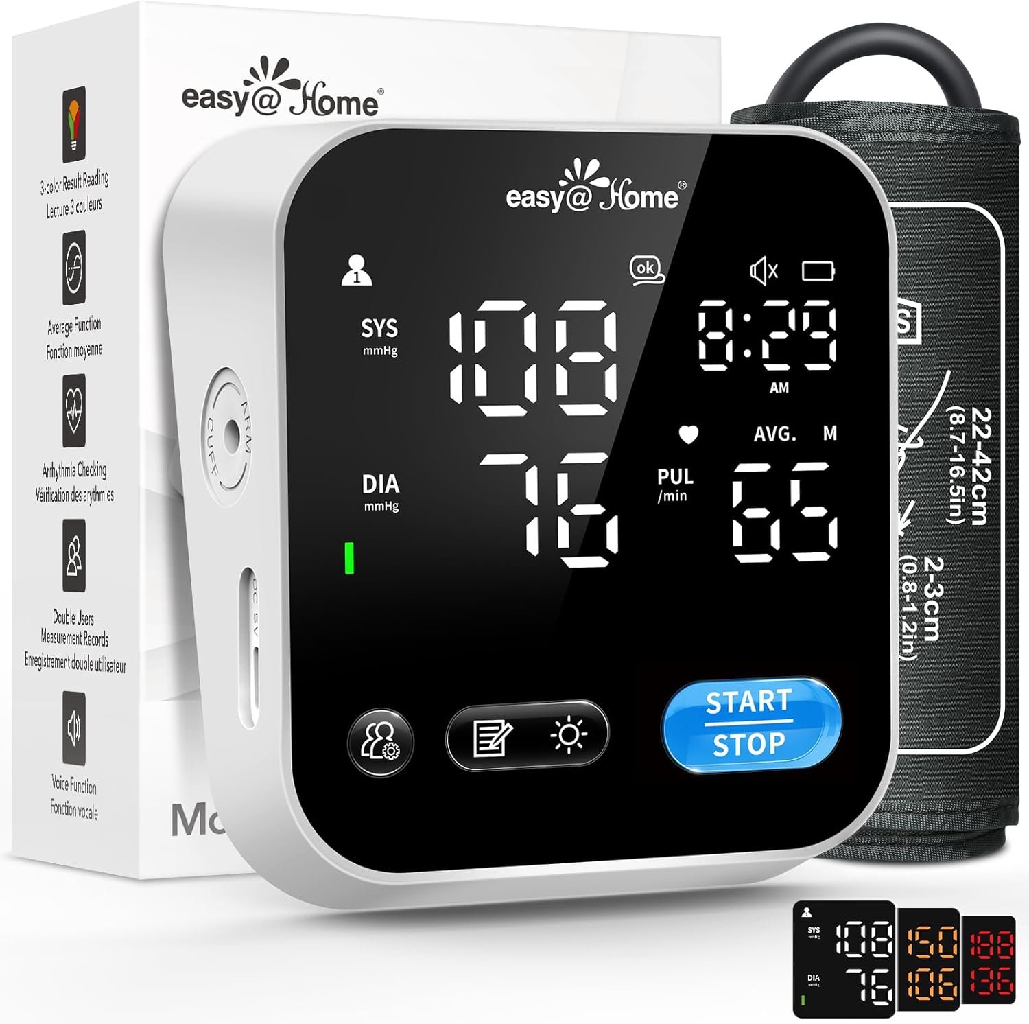 Easy@Home Blood Pressure Monitor for Home Use, Digital Talking BP Machine with Adjustable Voice, Large 3-Color LED Display, One-Touch Operation, Free MyHeartPal App, No Bluetooth, EBP-703