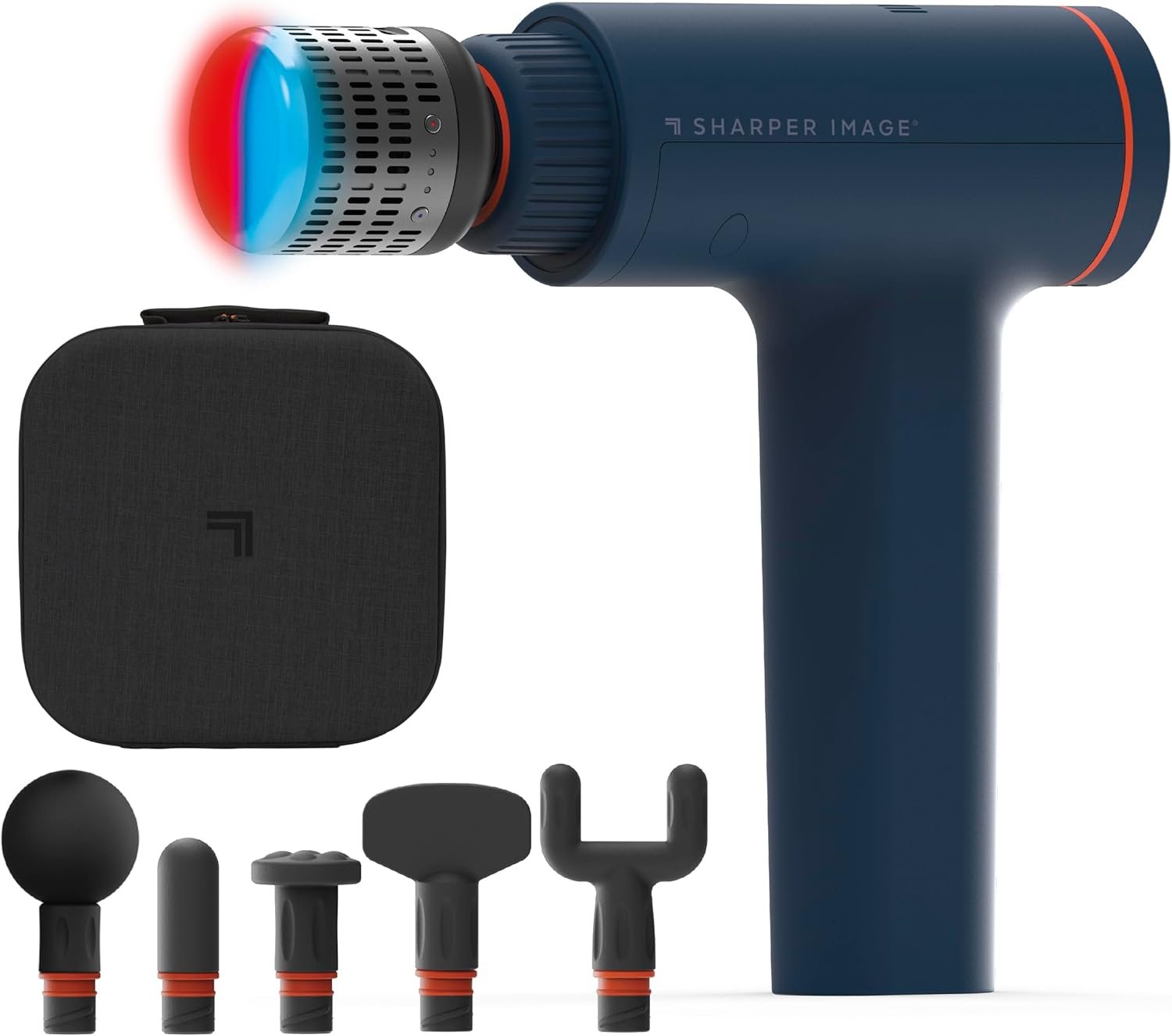 Sharper Image Deep Tissue Percussion Massage Gun, Powerboost Versa Hot & Cold Rechargeable Handheld Massager, 5 Adjustable Speeds, 6 Attachment Heads & Carrying Case, for Muscle Pain Relief, Blue