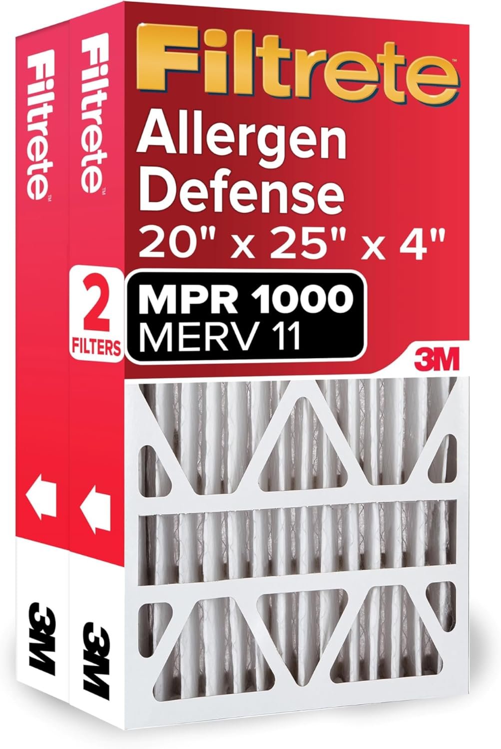 Filtrete 20x25x4 AC Furnace Air Filter, MPR 1000, MERV 11, Fits Honeywell & AprilAire Space-Gard, Allergen Defense, Electrostatic Air Cleaning Filter, 2-Pack (actual size 19.88 x 24.63 x 4.31)