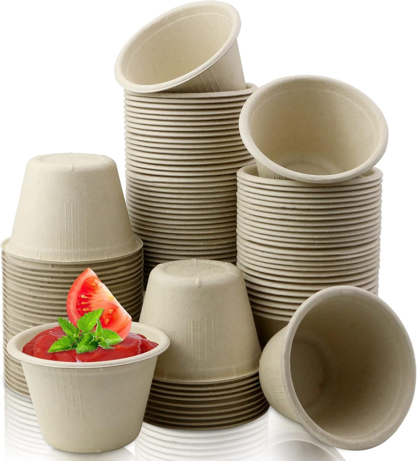 LeonBach 100 Pack Natural Bagasse Fiber Bowls,4oz Small Disposable Paper Bowls Microwavable Safe Sample Snack Cups Charcuterie Serving Cups for Sauce Portion Condiment Ice Cream Desserts